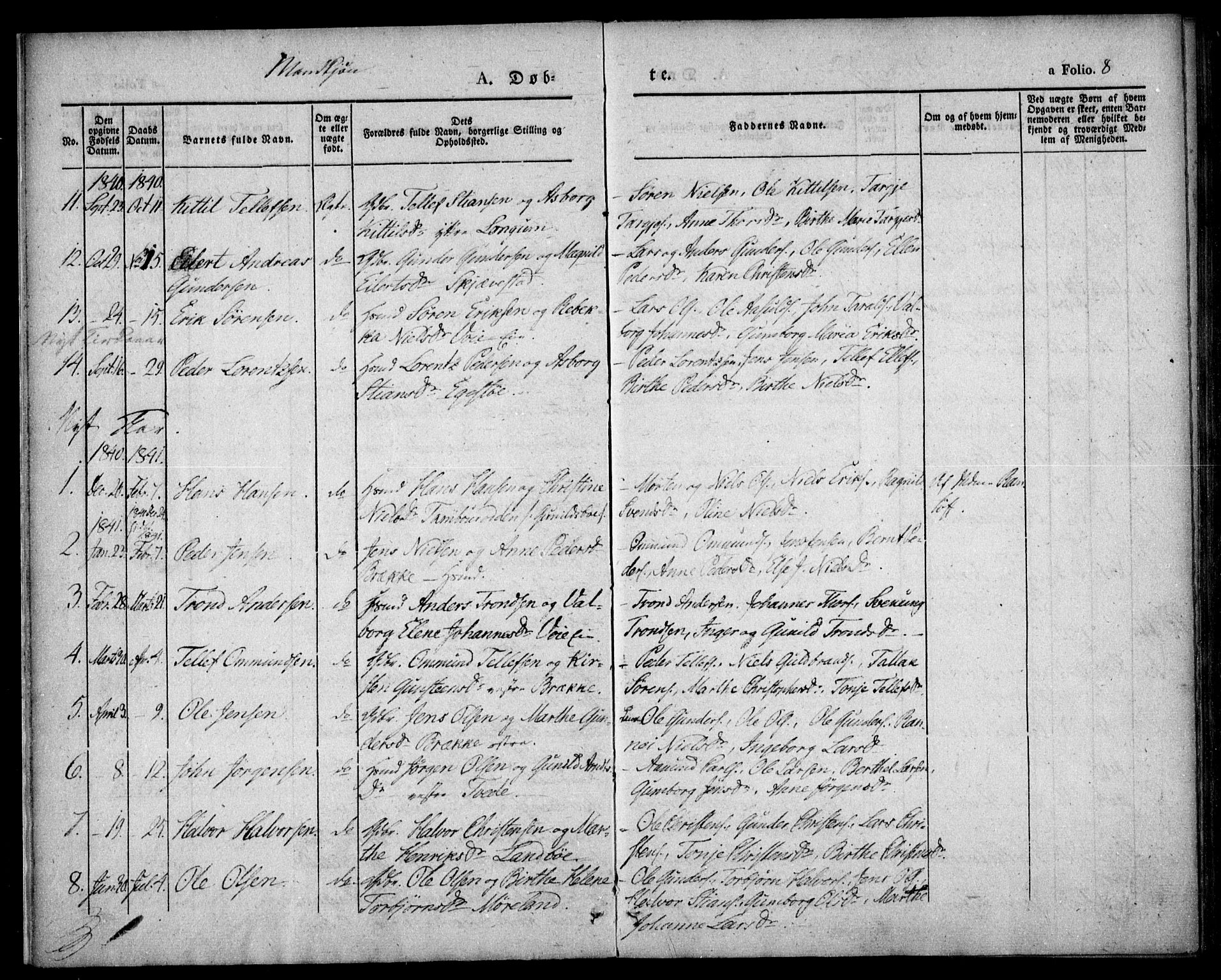 Austre Moland sokneprestkontor, AV/SAK-1111-0001/F/Fa/Faa/L0006: Parish register (official) no. A 6, 1837-1846, p. 8