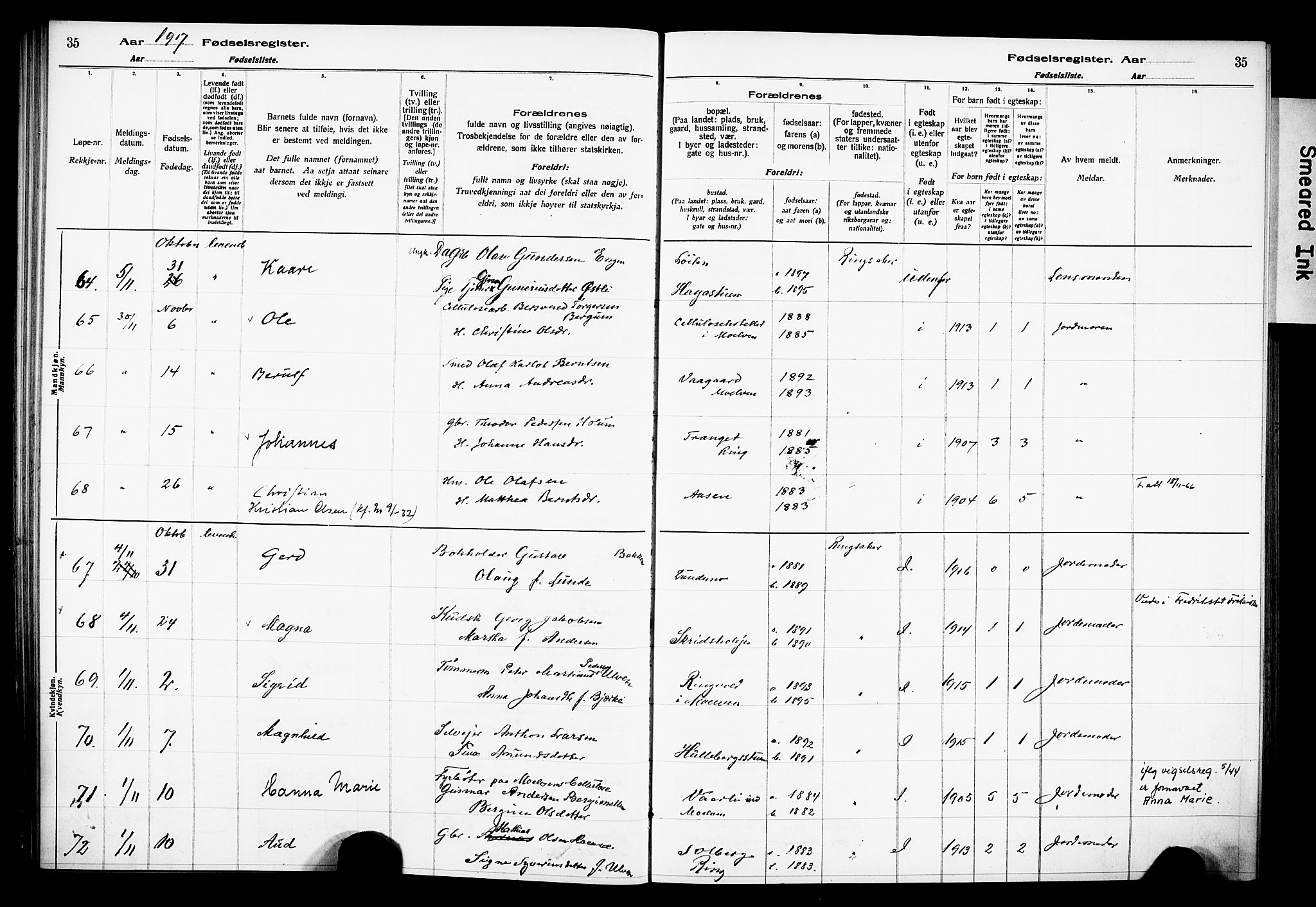 Ringsaker prestekontor, AV/SAH-PREST-014/O/Oa/L0001: Birth register no. 1, 1916-1925, p. 35