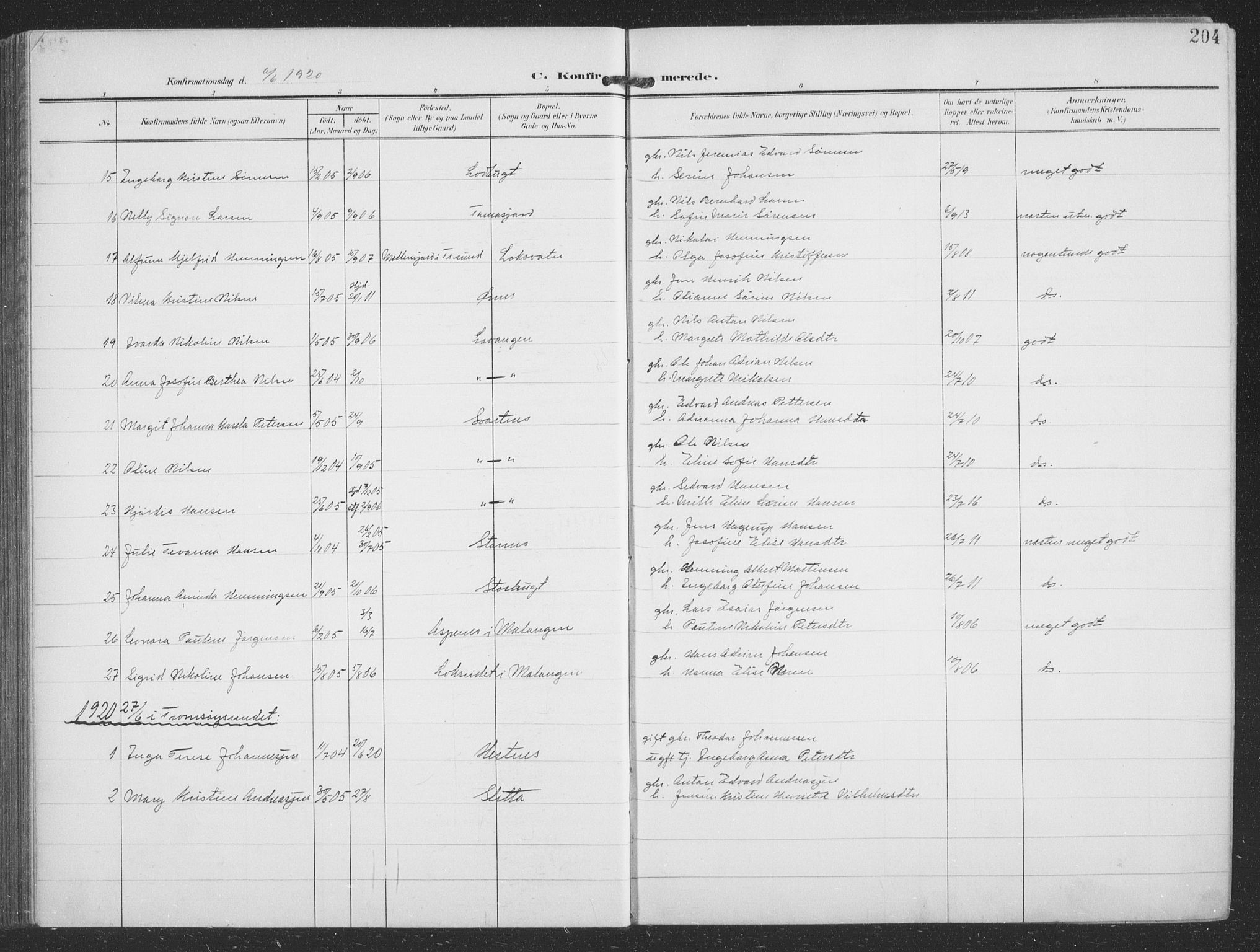 Balsfjord sokneprestembete, AV/SATØ-S-1303/G/Ga/L0009klokker: Parish register (copy) no. 9, 1906-1920, p. 204