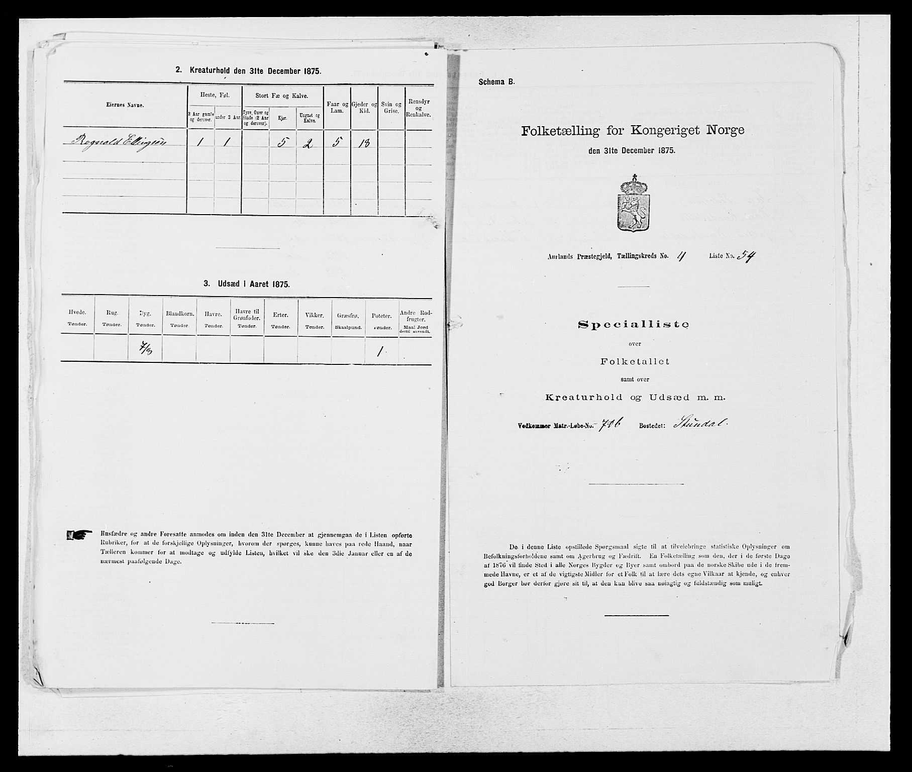 SAB, 1875 census for 1421P Aurland, 1875, p. 522