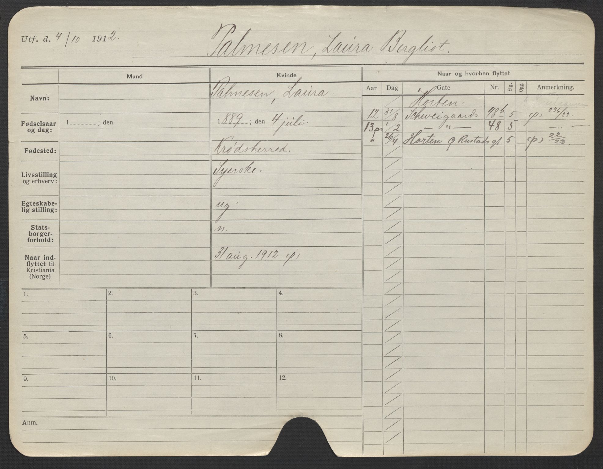 Oslo folkeregister, Registerkort, AV/SAO-A-11715/F/Fa/Fac/L0022: Kvinner, 1906-1914, p. 519a