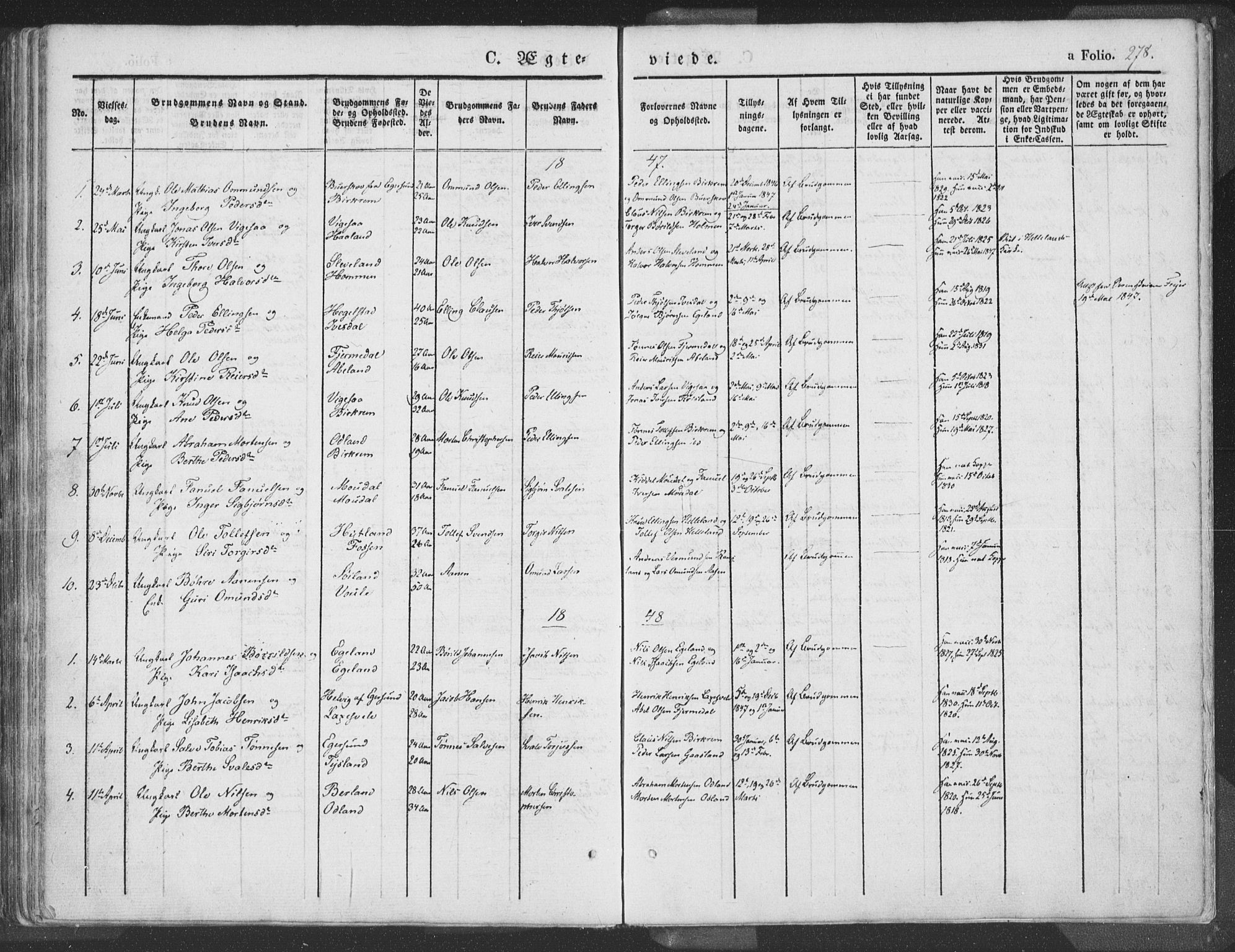 Helleland sokneprestkontor, AV/SAST-A-101810: Parish register (official) no. A 6.1, 1834-1863, p. 278