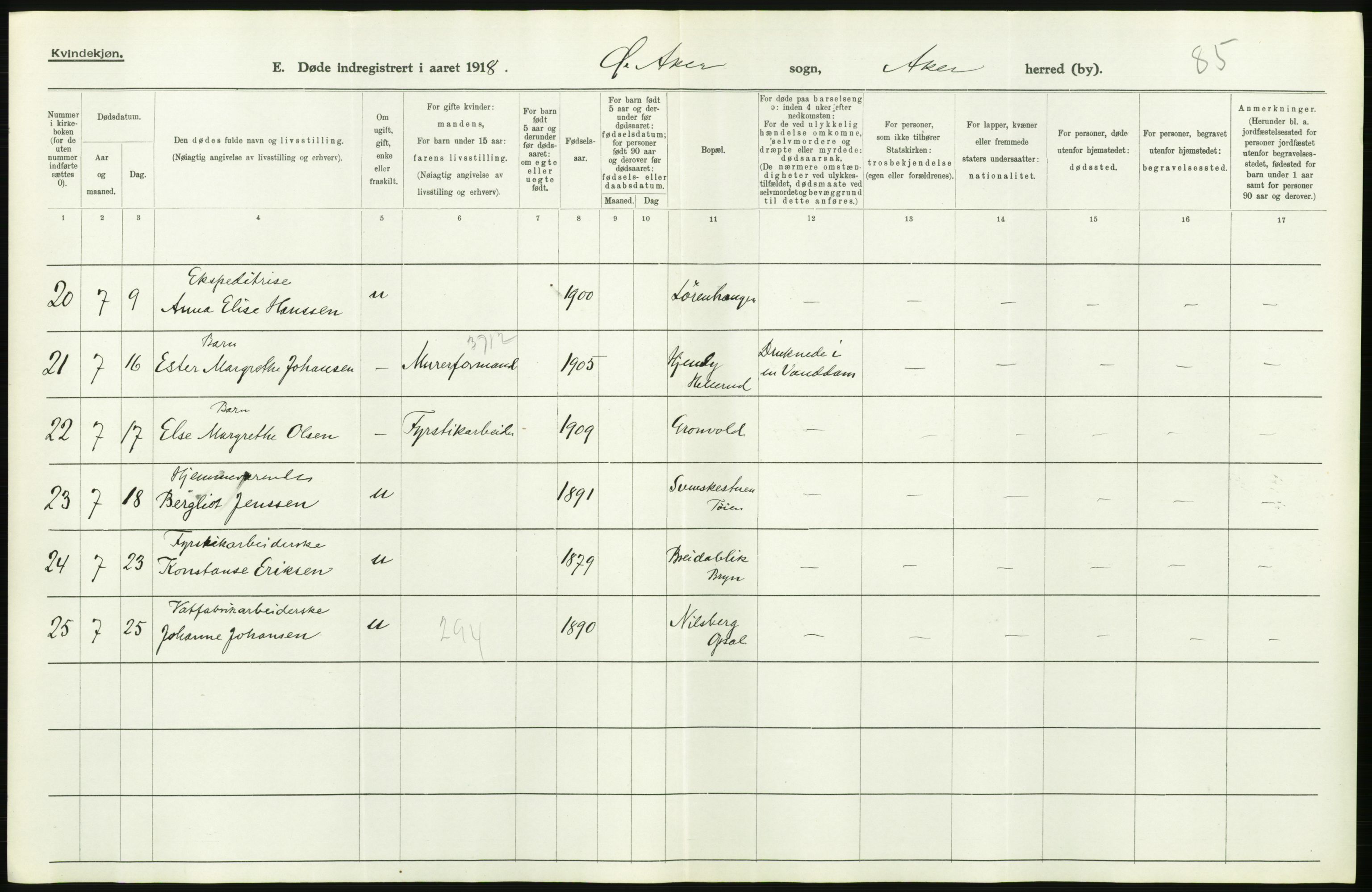 Statistisk sentralbyrå, Sosiodemografiske emner, Befolkning, AV/RA-S-2228/D/Df/Dfb/Dfbh/L0006: Akershus fylke: Døde. Bygder og byer., 1918, p. 396