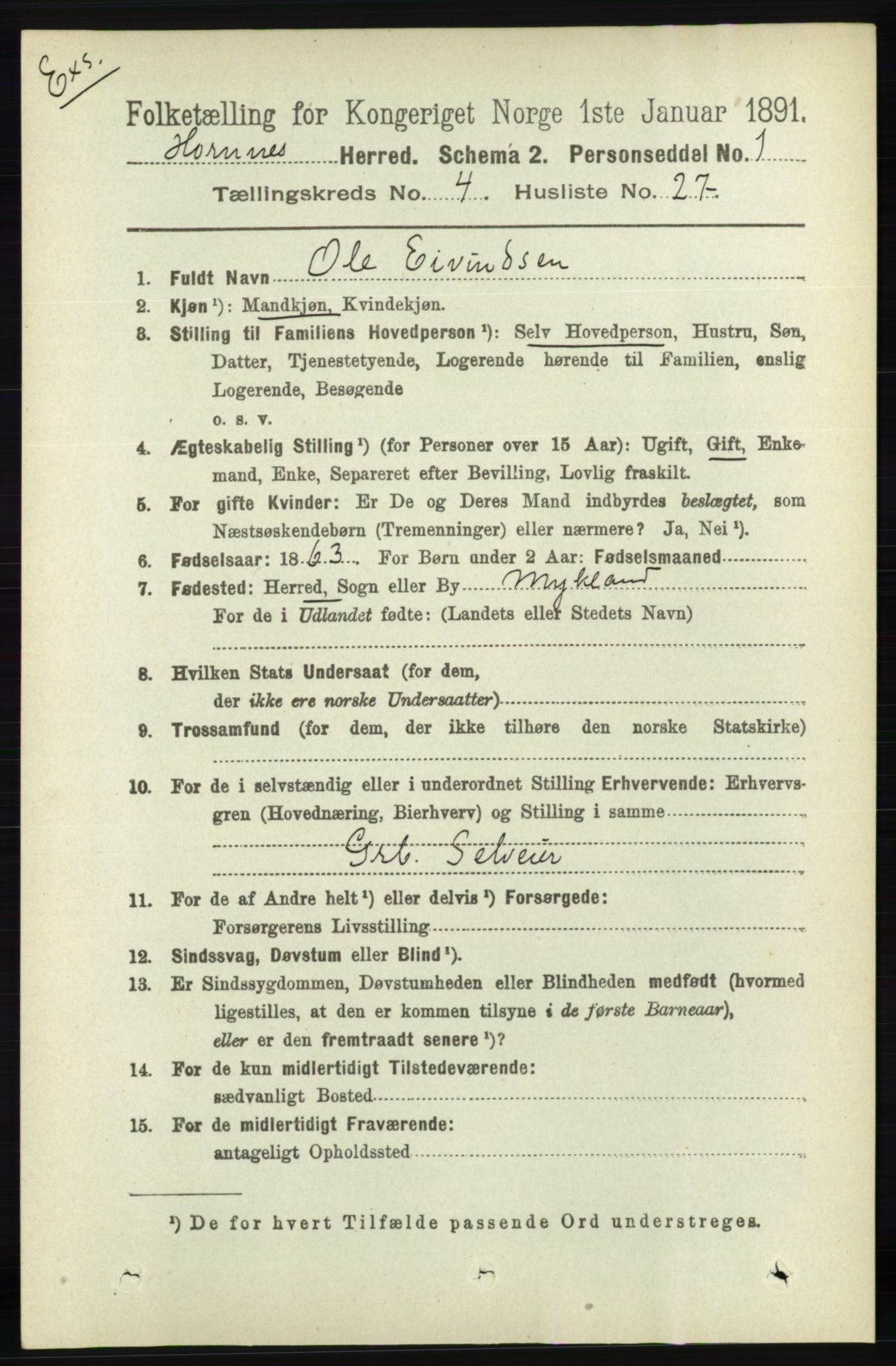 RA, Census 1891 for Nedenes amt: Gjenparter av personsedler for beslektede ektefeller, menn, 1891, p. 983