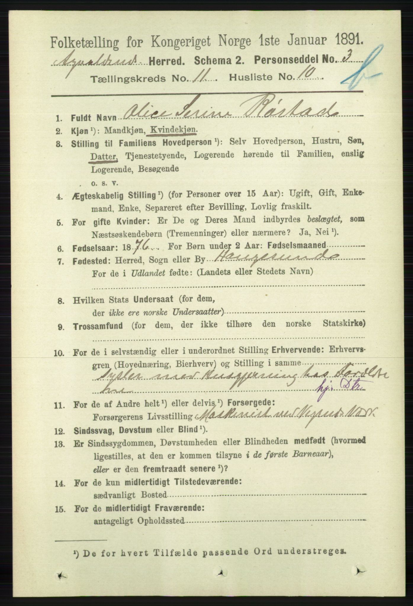 RA, 1891 census for 1147 Avaldsnes, 1891, p. 6367