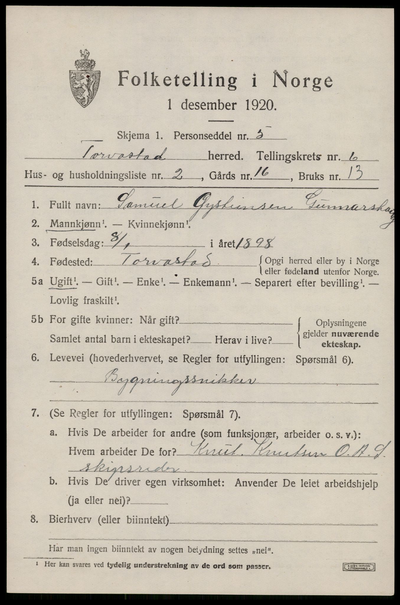 SAST, 1920 census for Torvastad, 1920, p. 4926