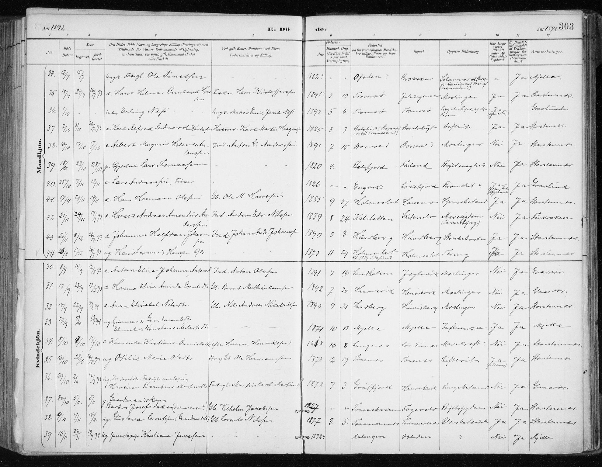 Tromsøysund sokneprestkontor, SATØ/S-1304/G/Ga/L0005kirke: Parish register (official) no. 5, 1888-1896, p. 303
