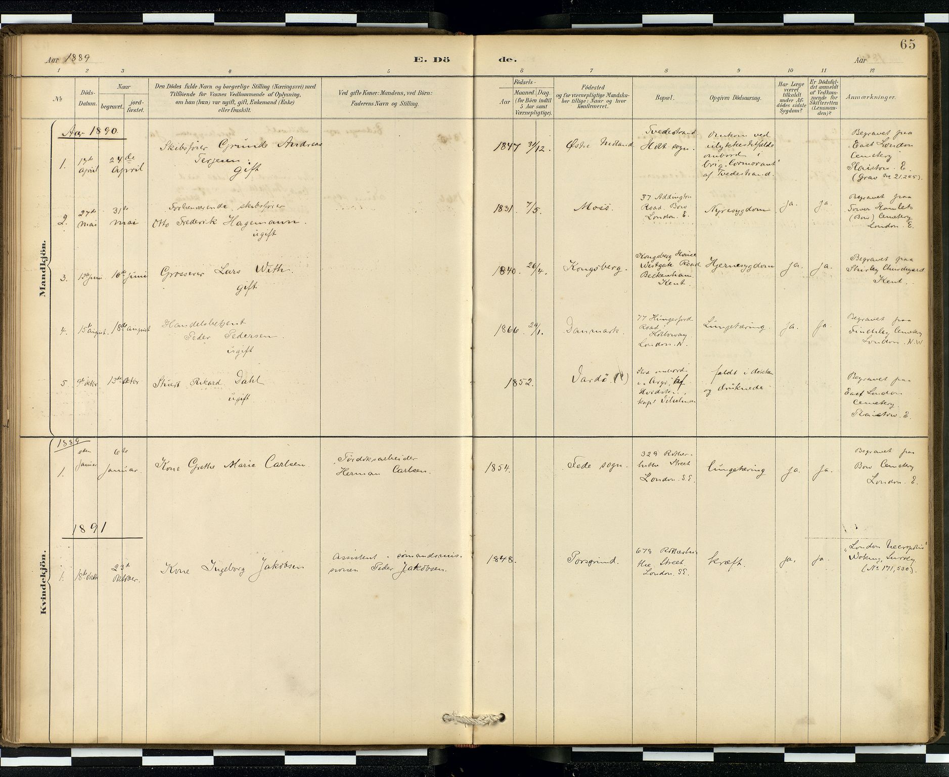  Den norske sjømannsmisjon i utlandet/London m/bistasjoner, SAB/SAB/PA-0103/H/Ha/L0002: Parish register (official) no. A 2, 1887-1903, p. 64b-65a