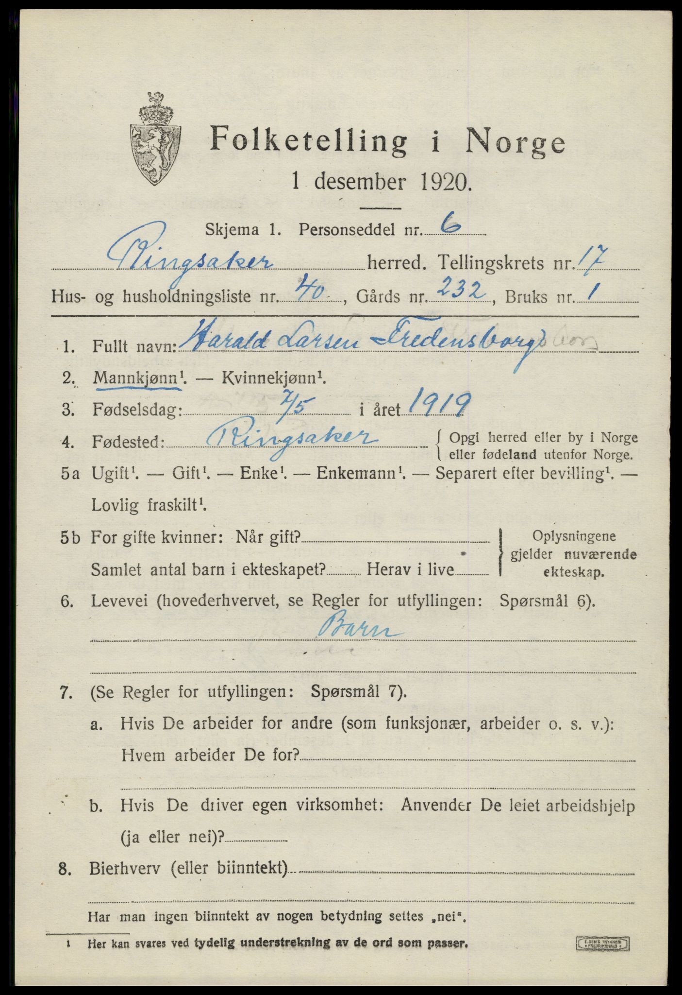 SAH, 1920 census for Ringsaker, 1920, p. 24134