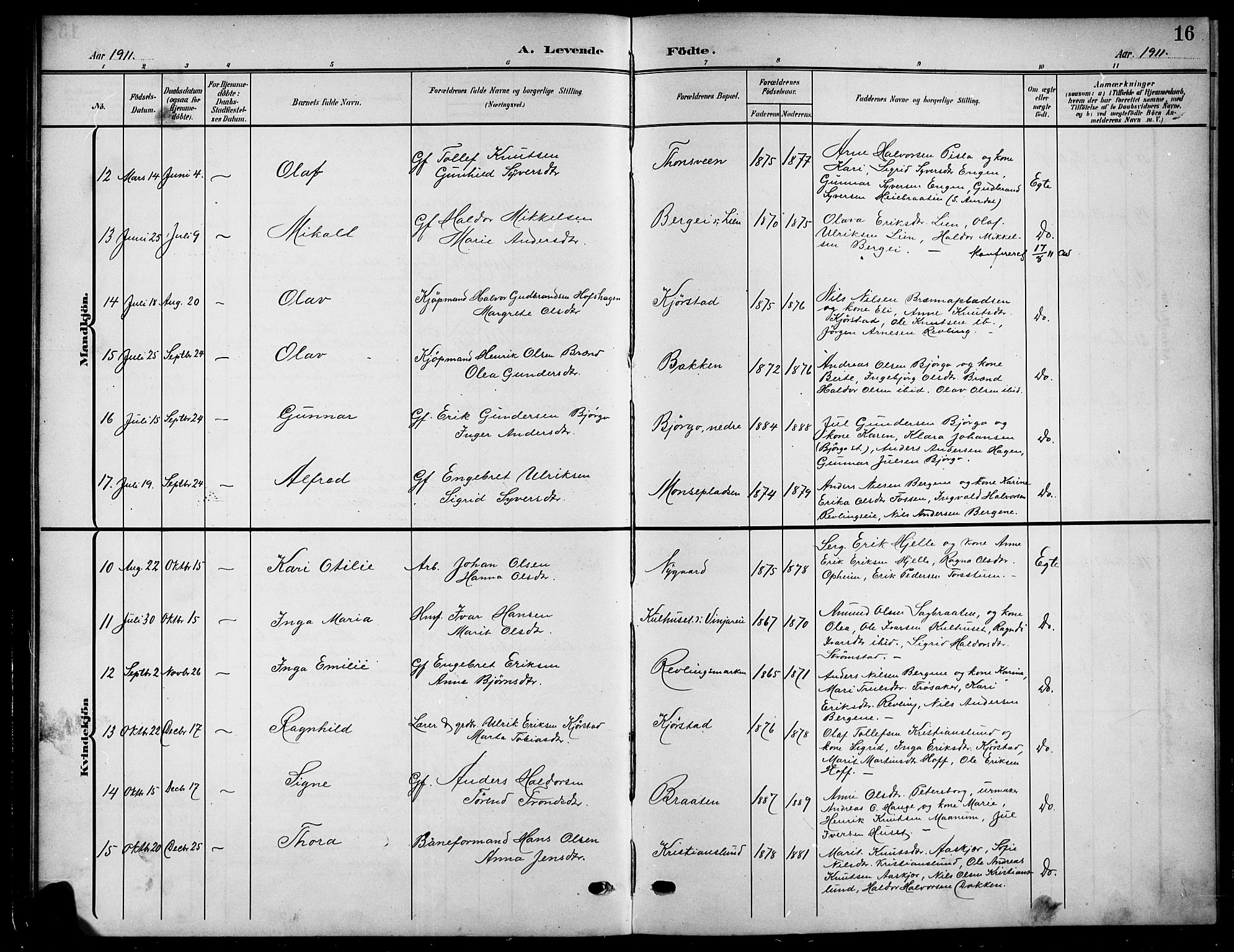Nord-Aurdal prestekontor, SAH/PREST-132/H/Ha/Hab/L0012: Parish register (copy) no. 12, 1907-1920, p. 16