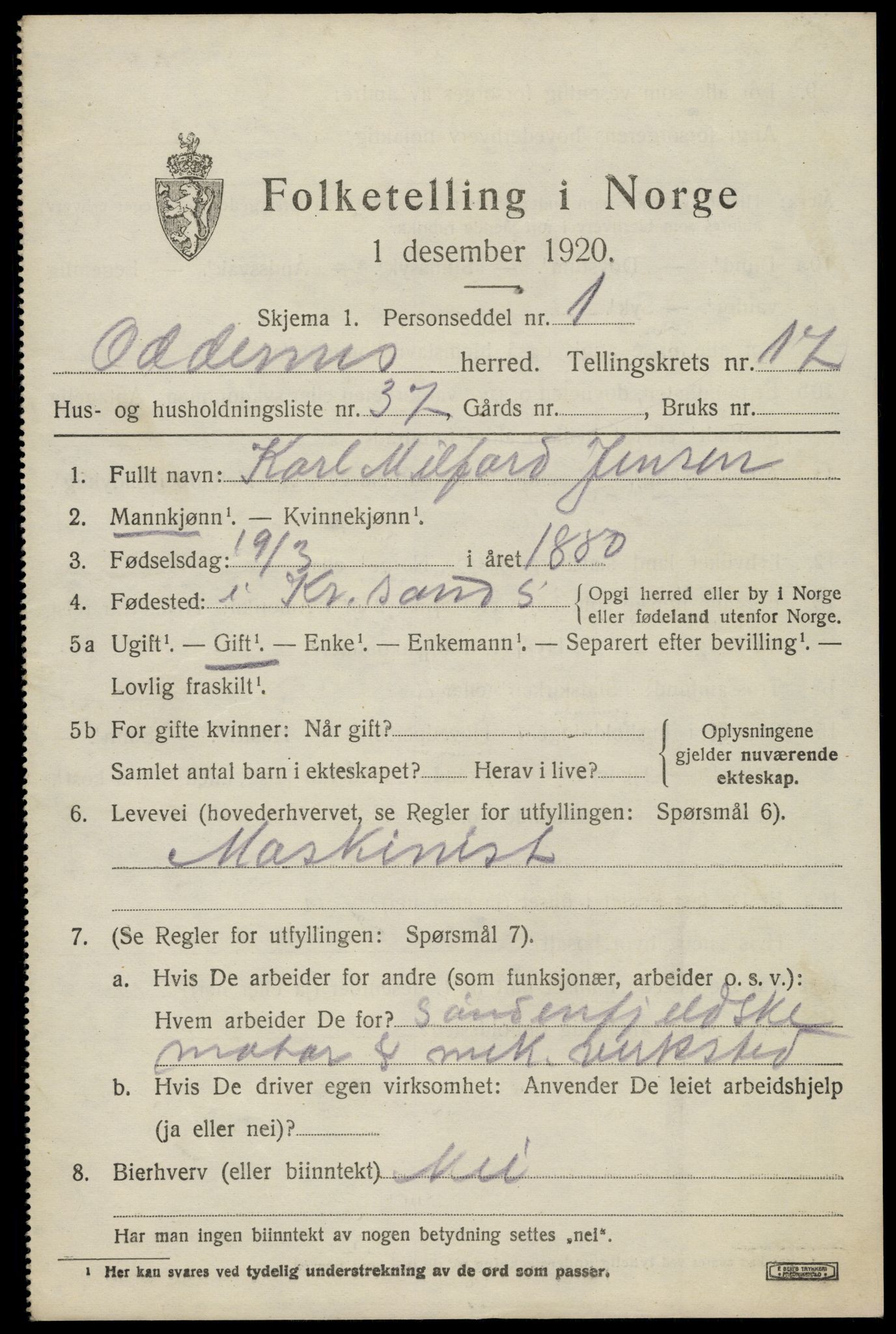 SAK, 1920 census for Oddernes, 1920, p. 13101