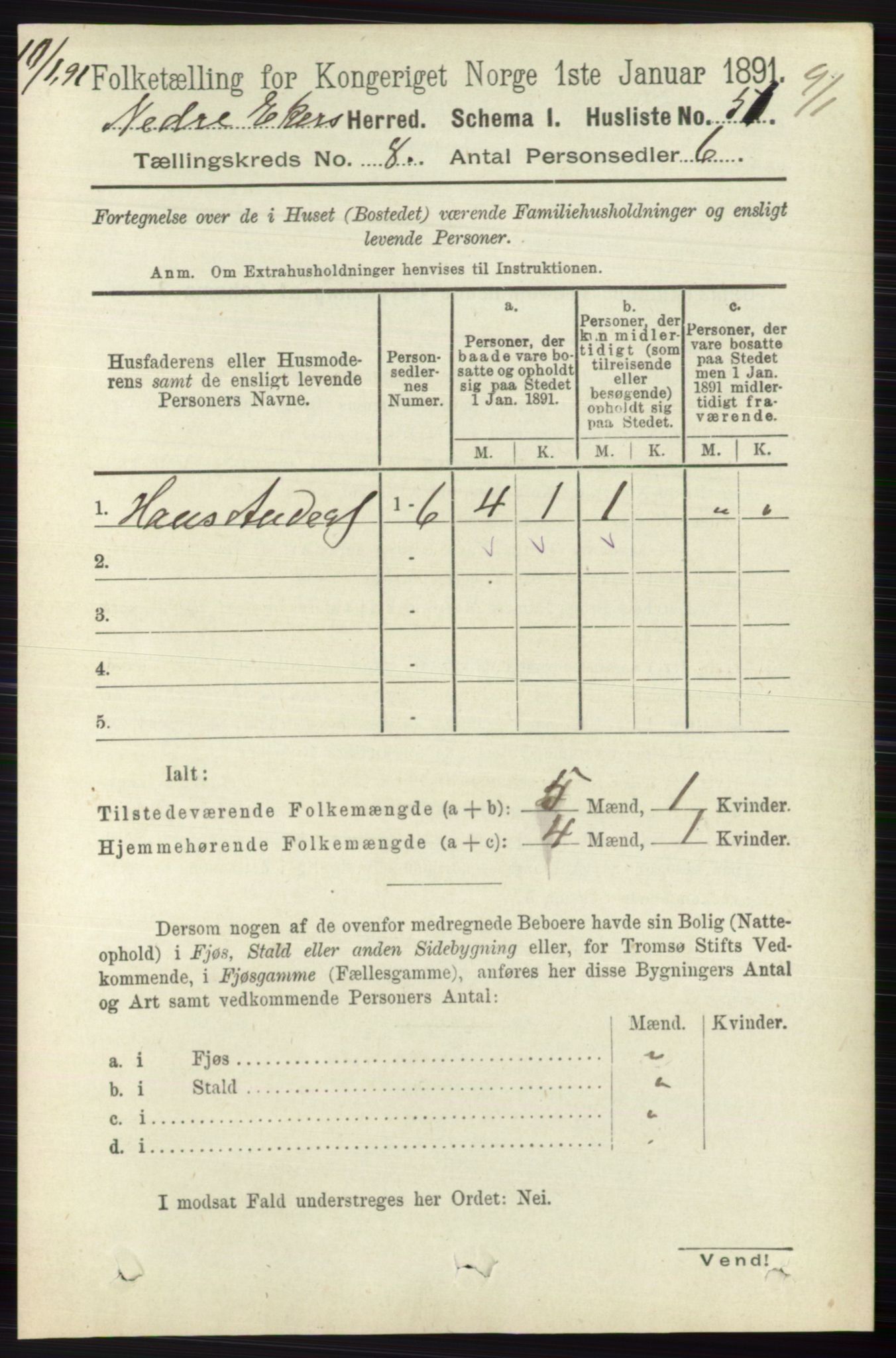 RA, 1891 census for 0625 Nedre Eiker, 1891, p. 3947