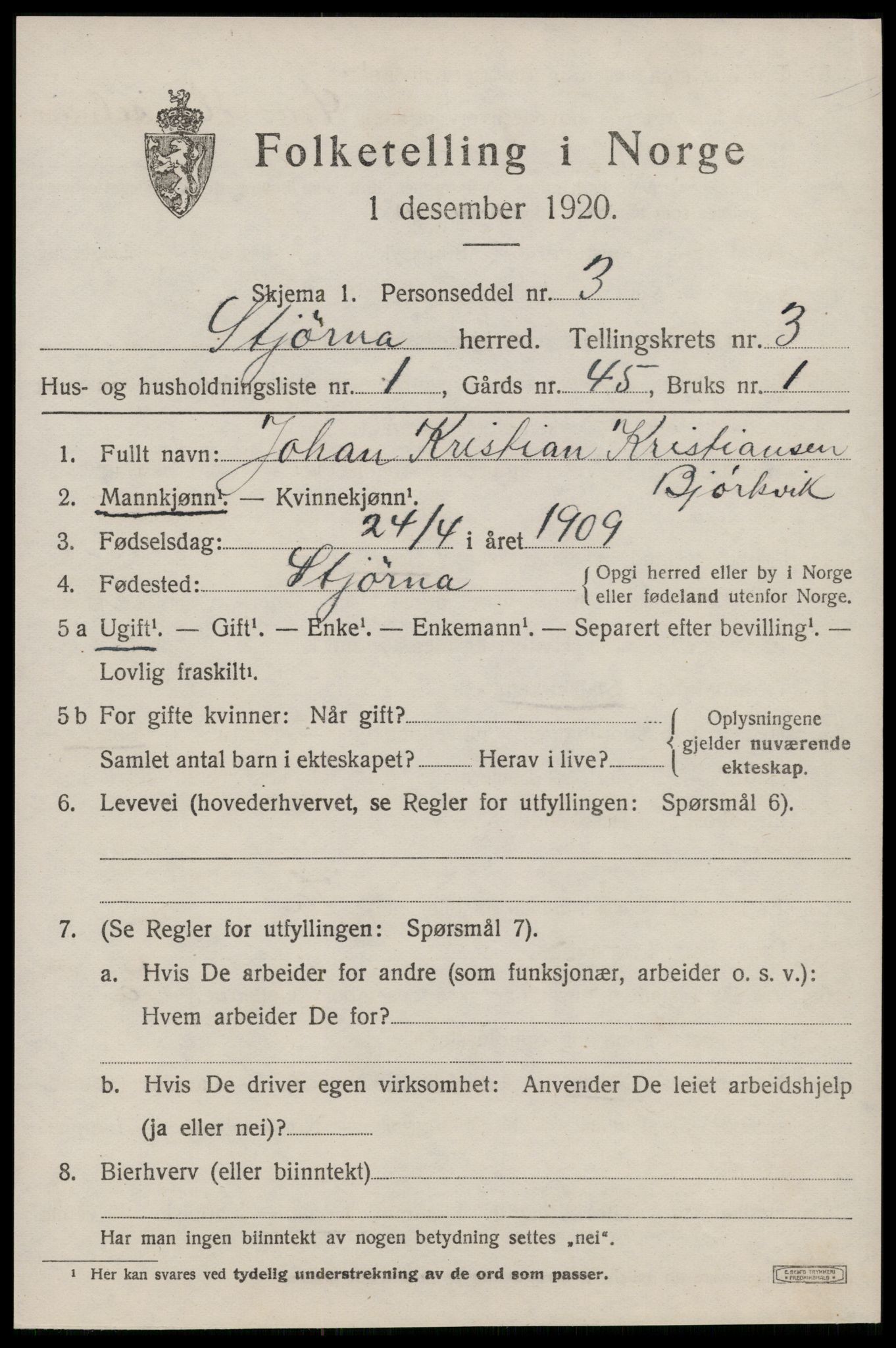 SAT, 1920 census for Stjørna, 1920, p. 2054