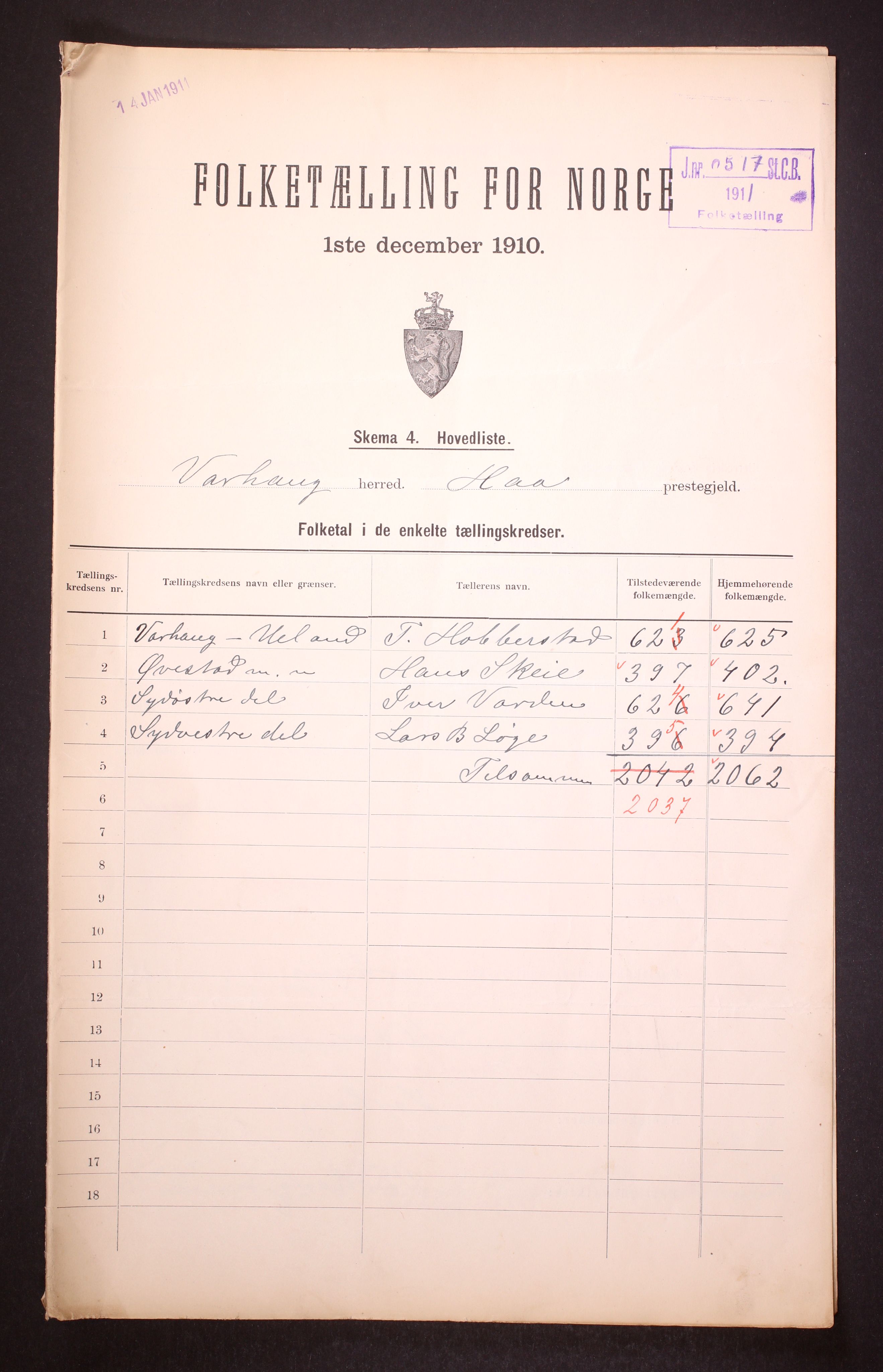 RA, 1910 census for Varhaug, 1910, p. 2