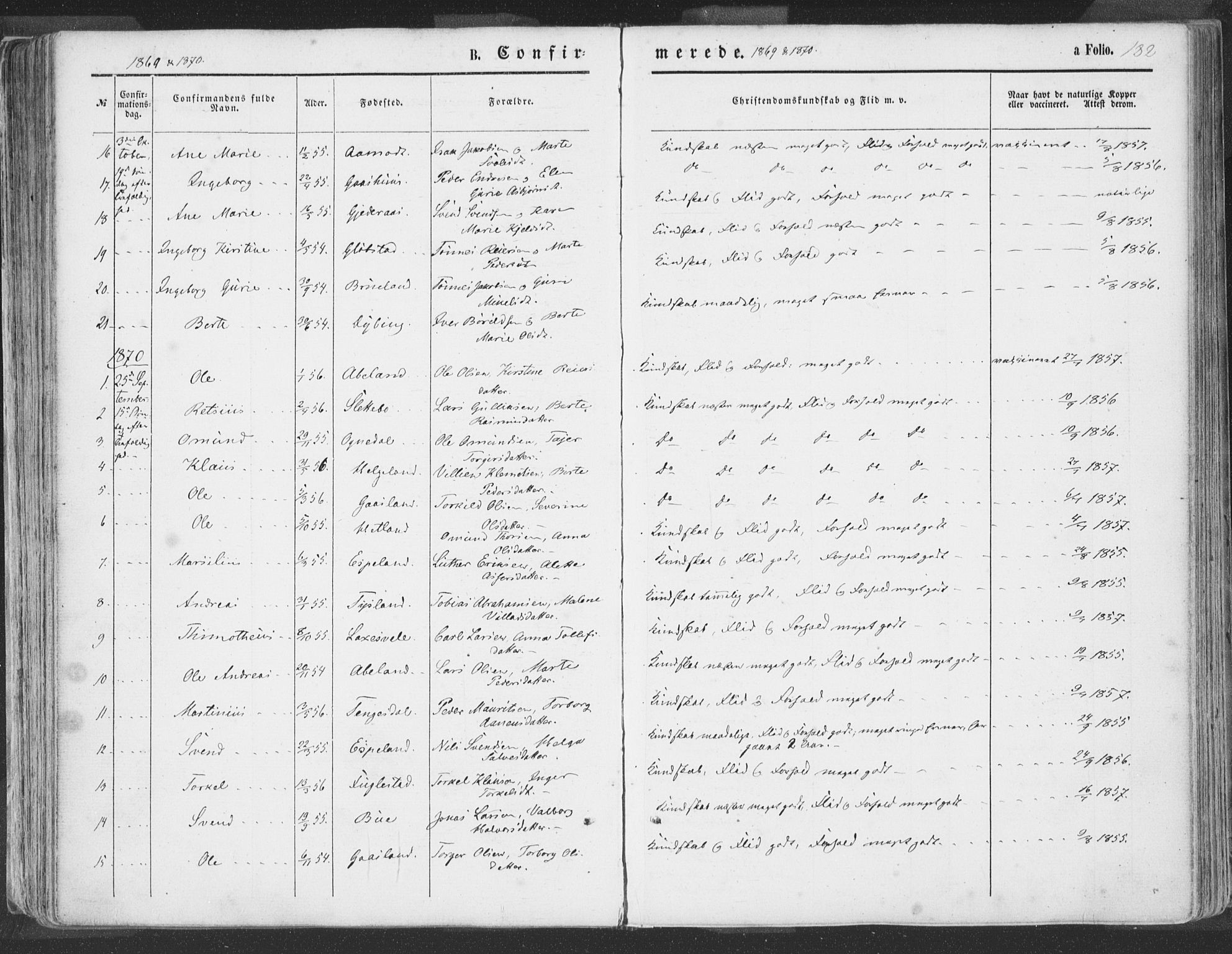 Helleland sokneprestkontor, SAST/A-101810: Parish register (official) no. A 7.1, 1863-1886, p. 182