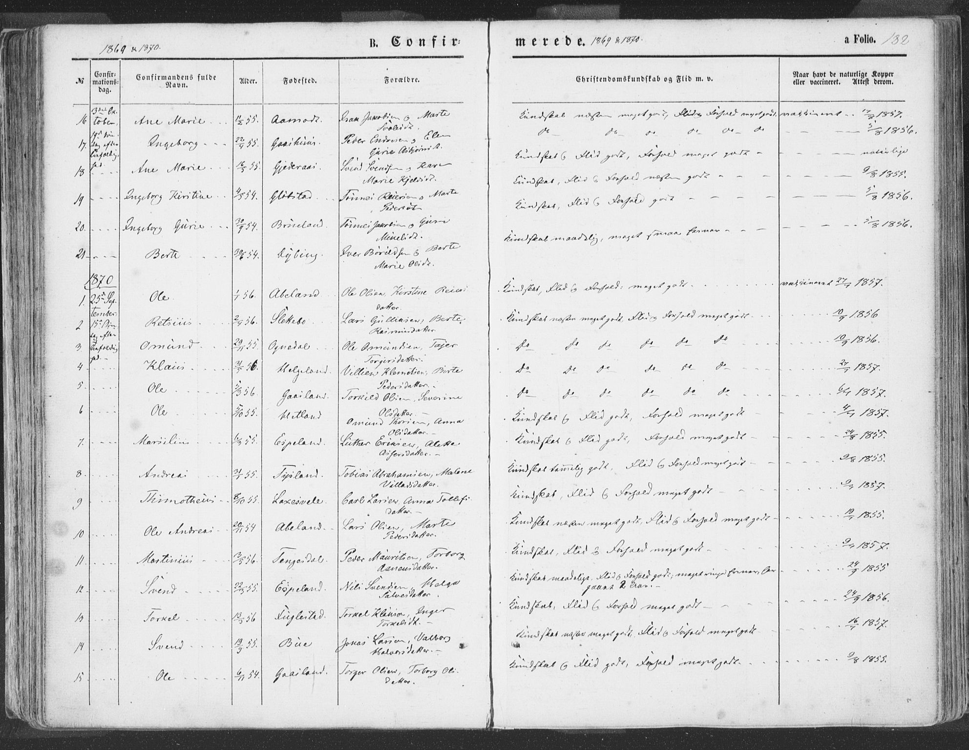 Helleland sokneprestkontor, AV/SAST-A-101810: Parish register (official) no. A 7.1, 1863-1886, p. 182