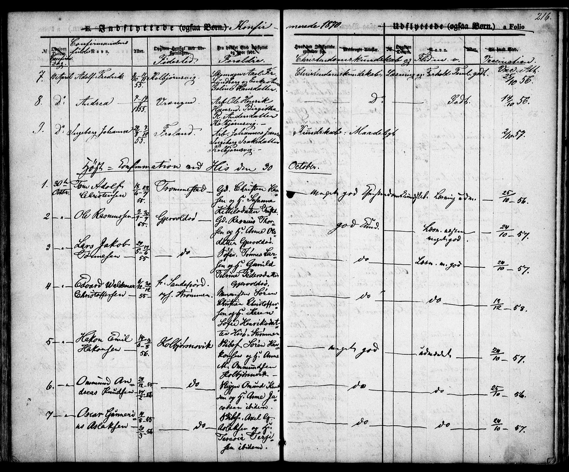 Hisøy sokneprestkontor, SAK/1111-0020/F/Fa/L0001: Parish register (official) no. A 1, 1849-1871, p. 216