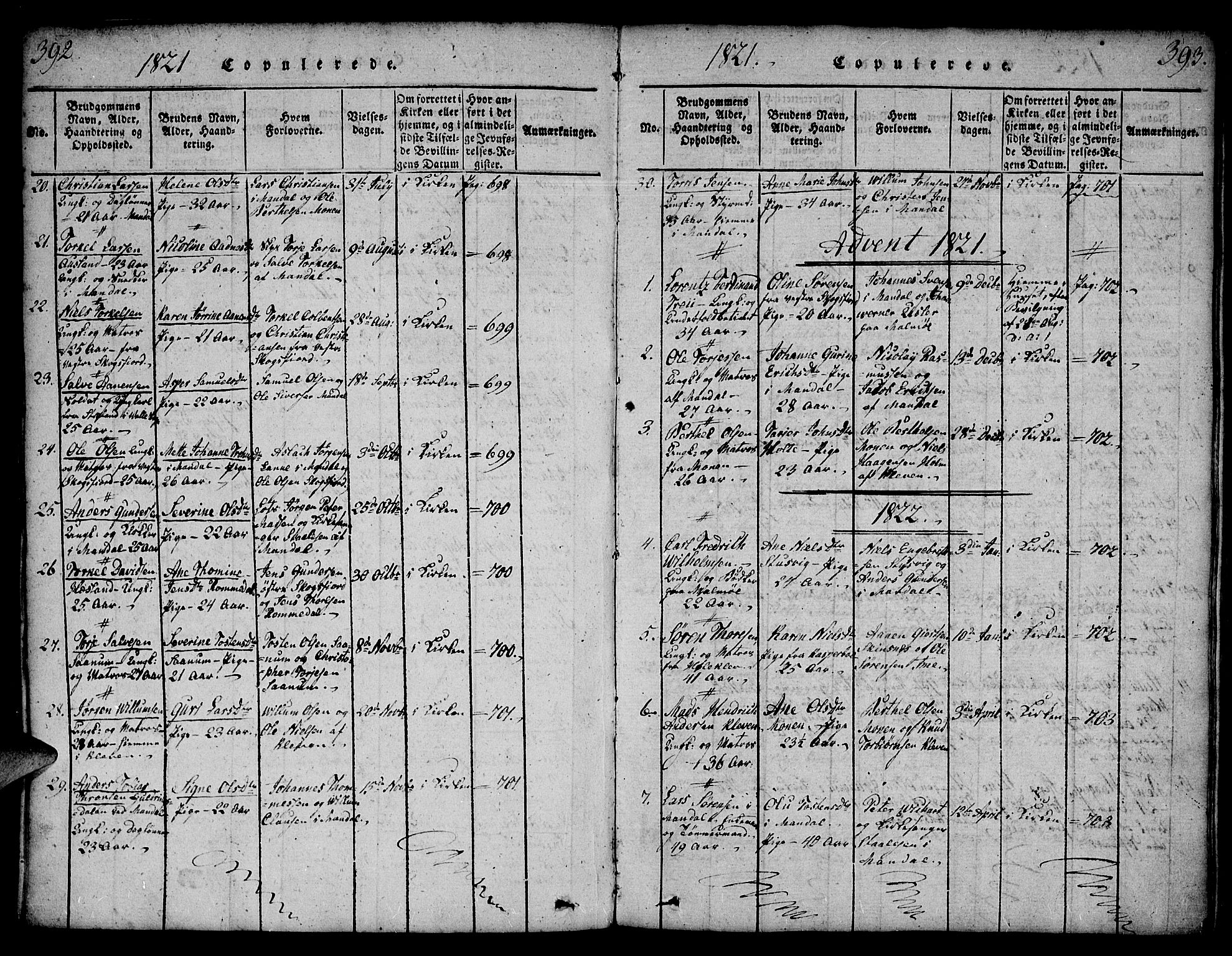 Mandal sokneprestkontor, AV/SAK-1111-0030/F/Fa/Faa/L0010: Parish register (official) no. A 10, 1817-1830, p. 392-393