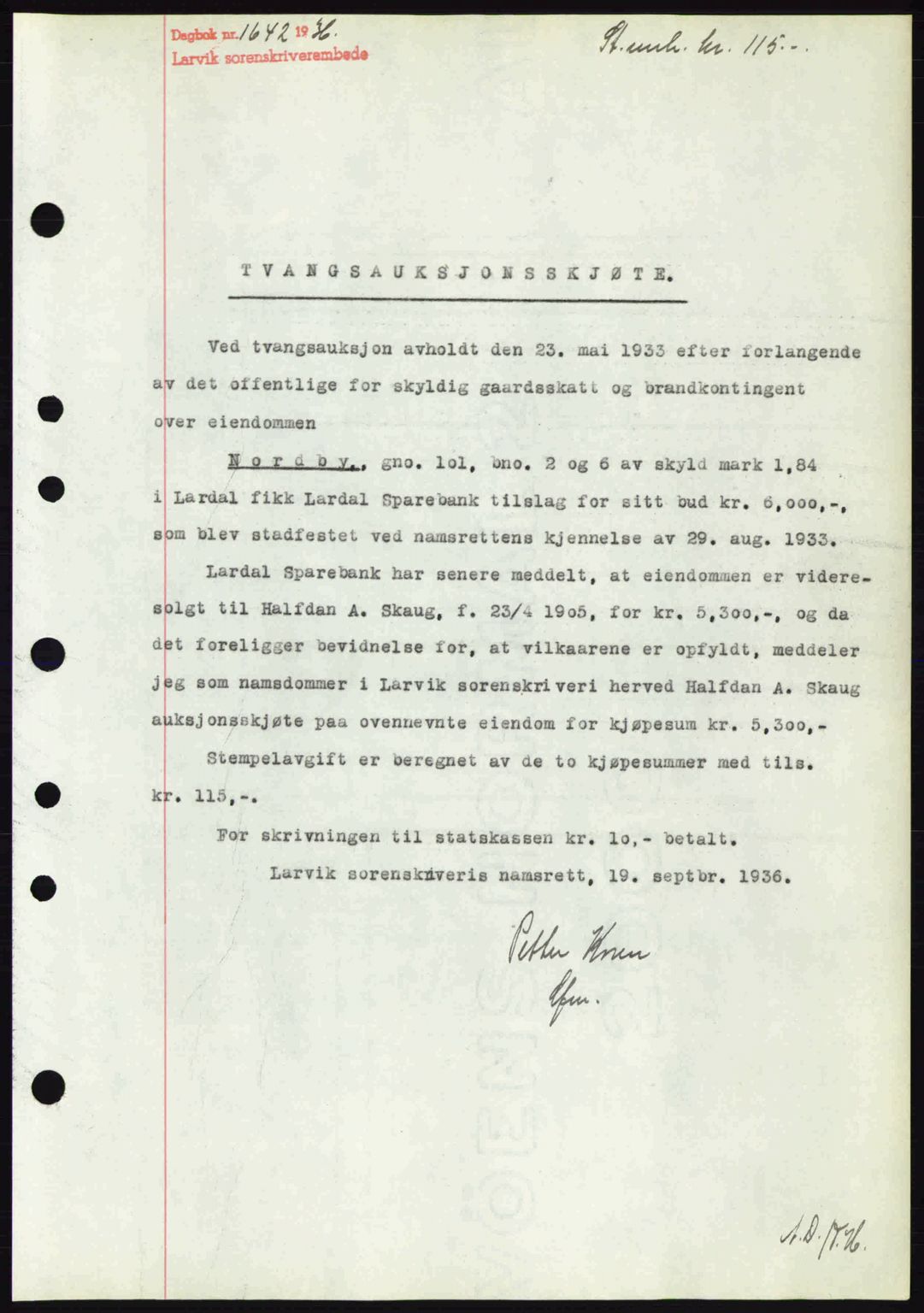 Larvik sorenskriveri, SAKO/A-83/G/Ga/Gab/L0067: Mortgage book no. A-1, 1936-1937, Diary no: : 1642/1936