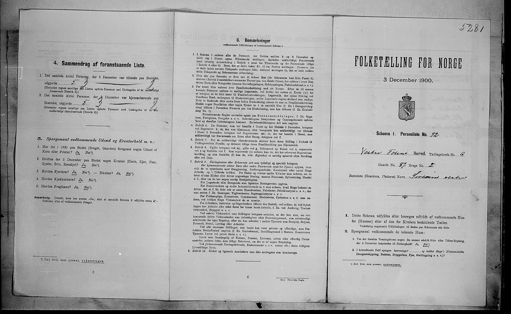 SAH, 1900 census for Vestre Toten, 1900, p. 1210