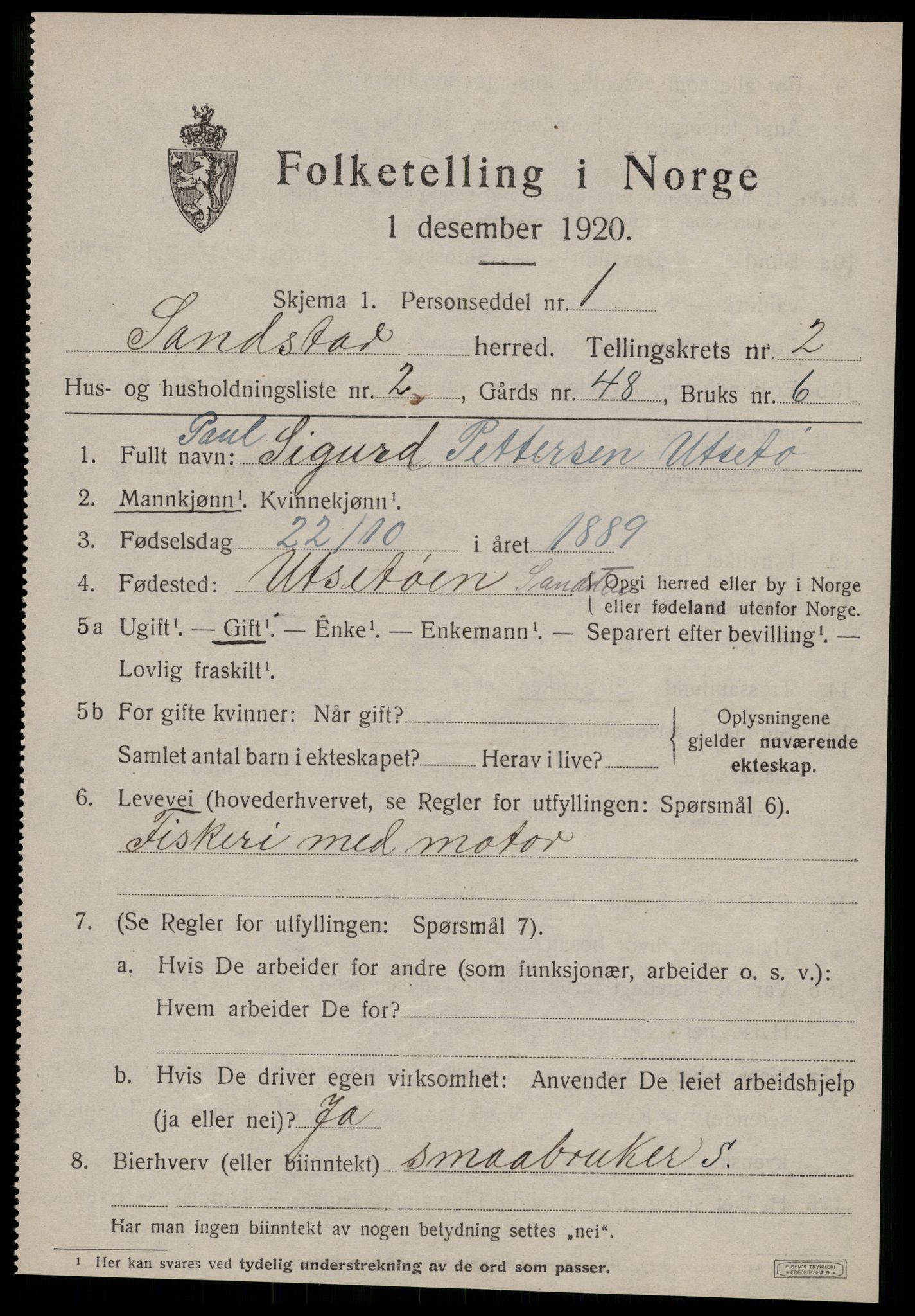 SAT, 1920 census for Sandstad, 1920, p. 657