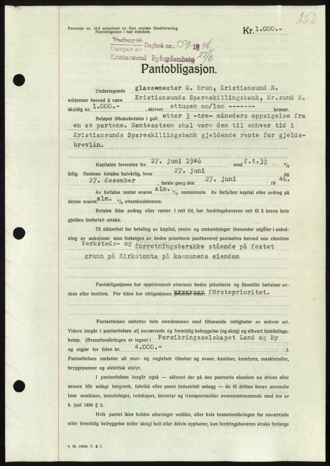 Kristiansund byfogd, AV/SAT-A-4587/A/27: Mortgage book no. 40, 1946-1946, Diary no: : 559/1946