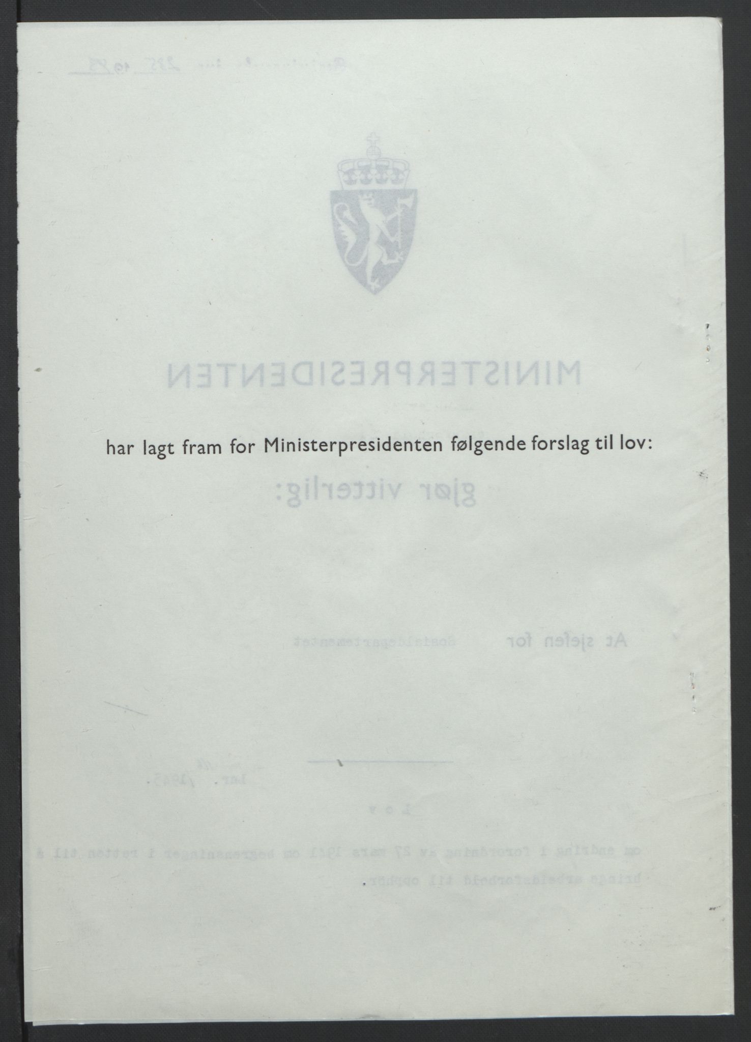 NS-administrasjonen 1940-1945 (Statsrådsekretariatet, de kommisariske statsråder mm), RA/S-4279/D/Db/L0099: Lover, 1943, p. 541