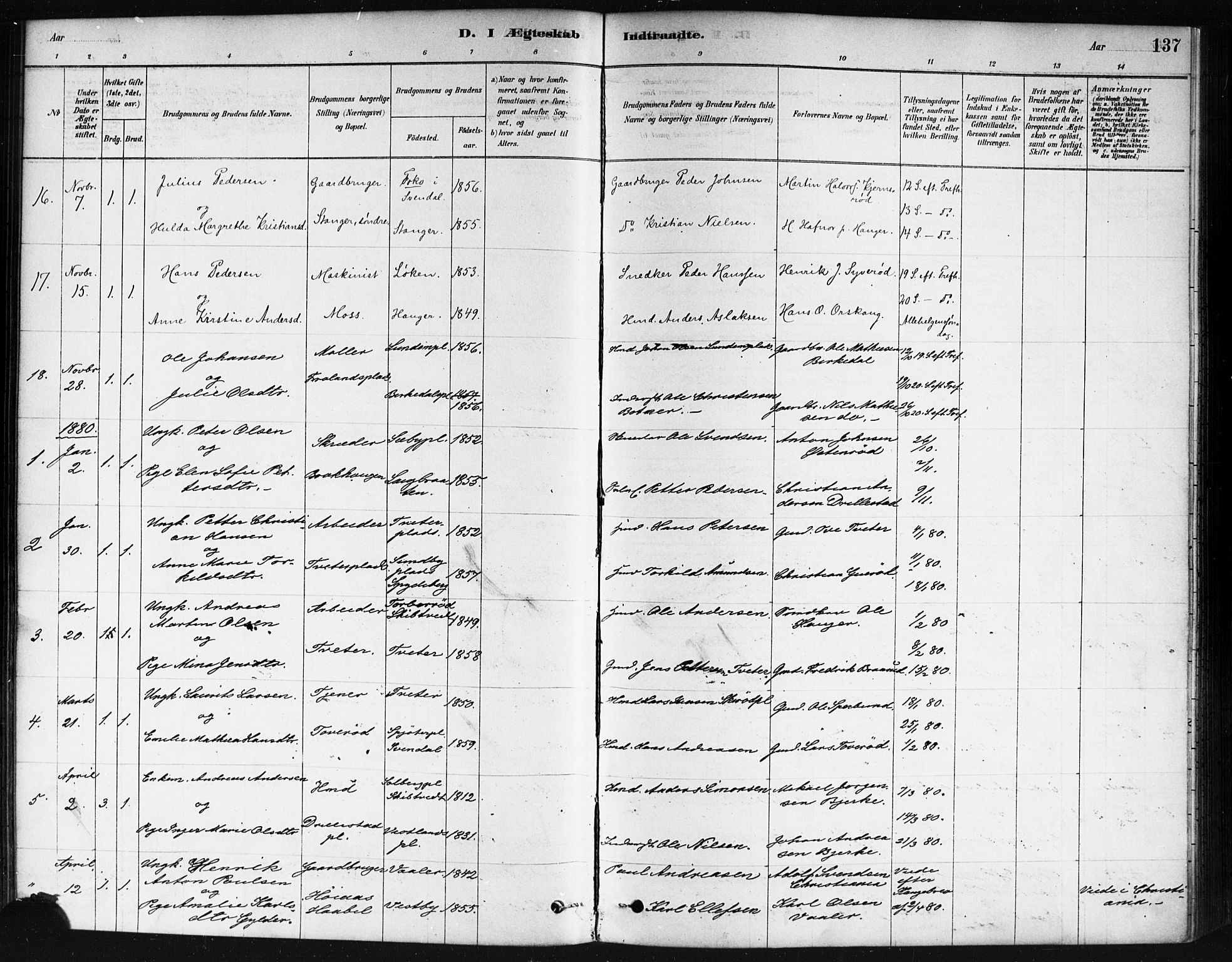 Våler prestekontor Kirkebøker, AV/SAO-A-11083/F/Fa/L0010: Parish register (official) no. I 10, 1878-1896, p. 137