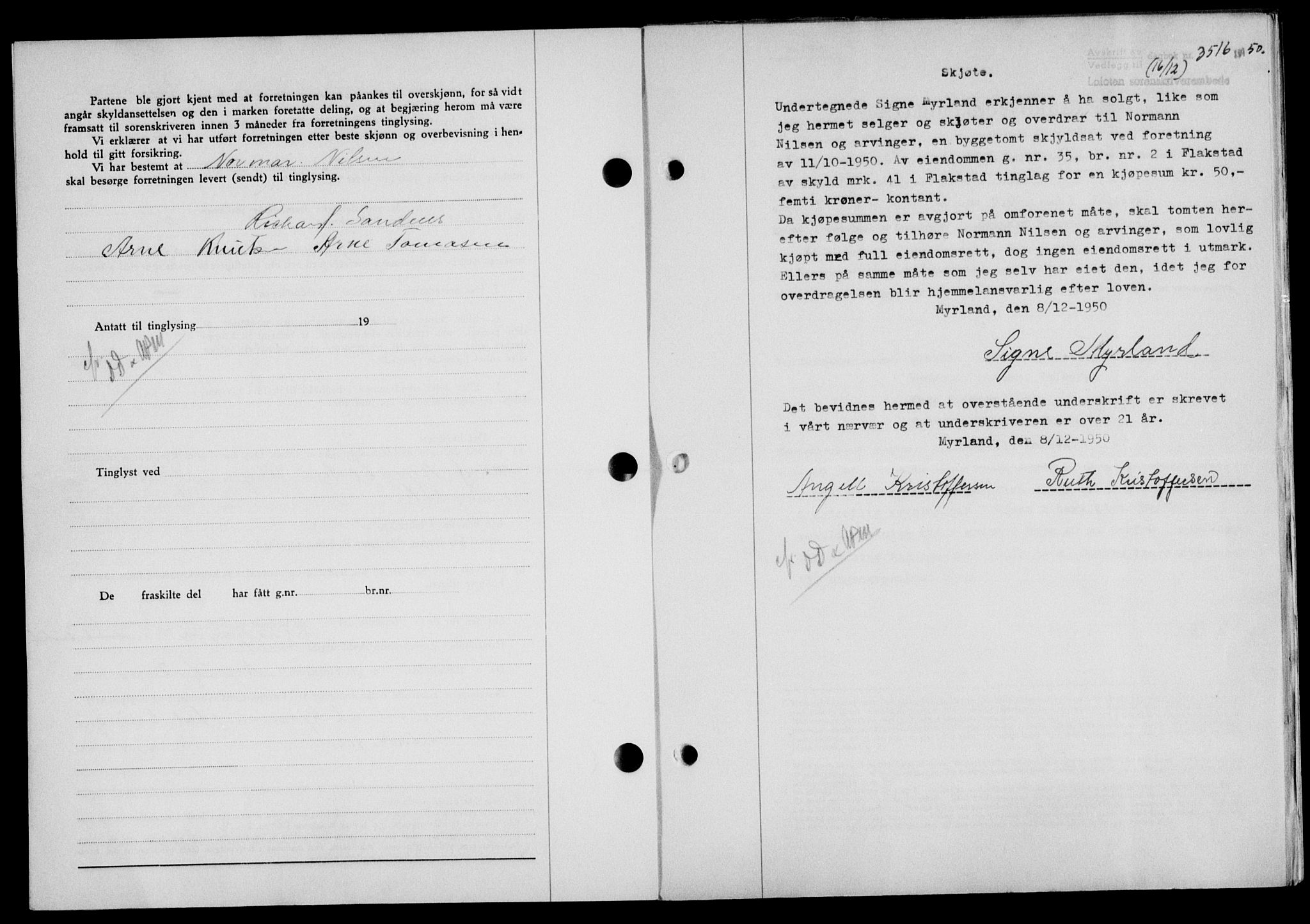 Lofoten sorenskriveri, SAT/A-0017/1/2/2C/L0025a: Mortgage book no. 25a, 1950-1951, Diary no: : 3516/1950