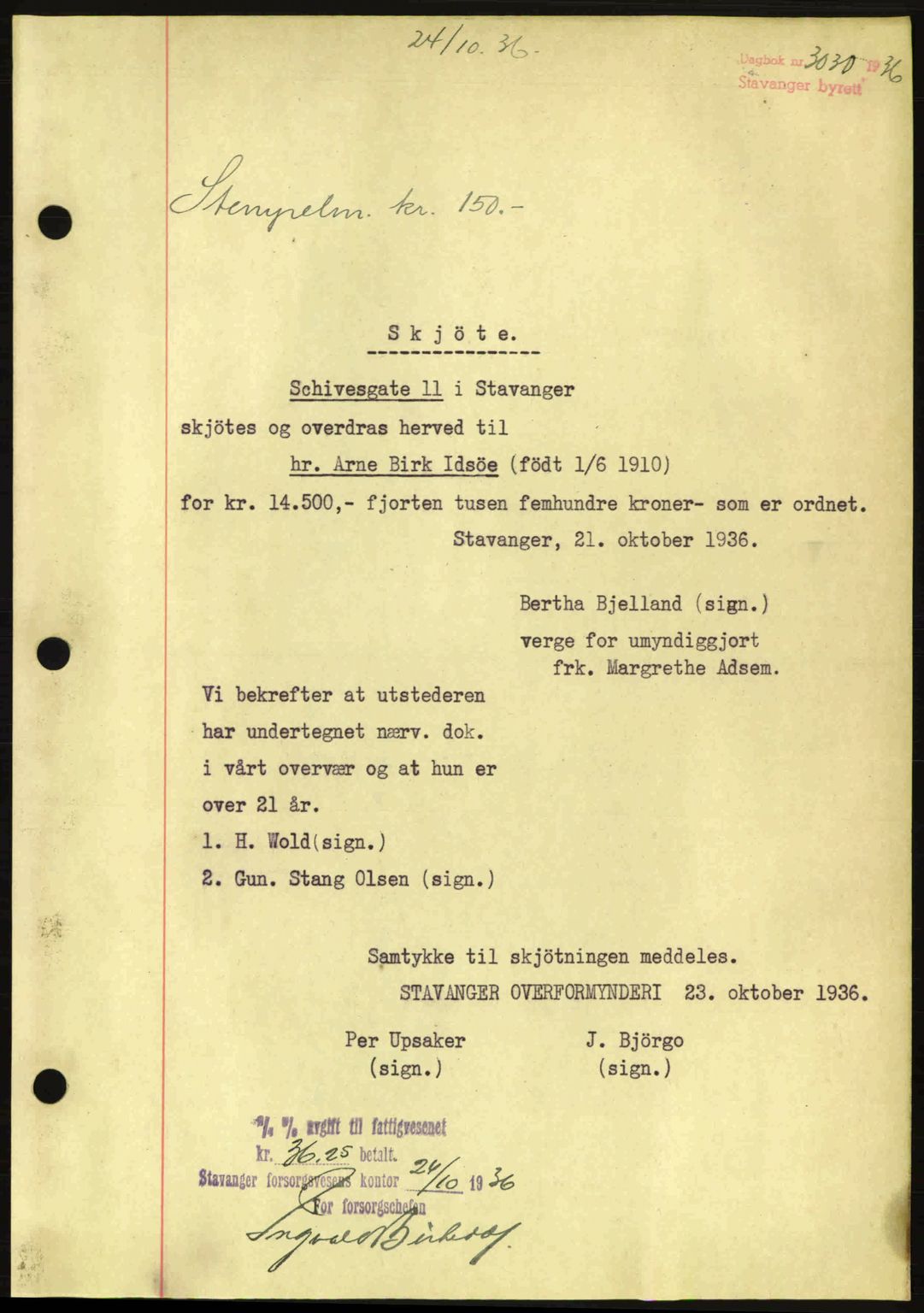 Stavanger byrett, SAST/A-100455/002/G/Gb/L0012: Mortgage book no. A2, 1936-1937, Diary no: : 3030/1936