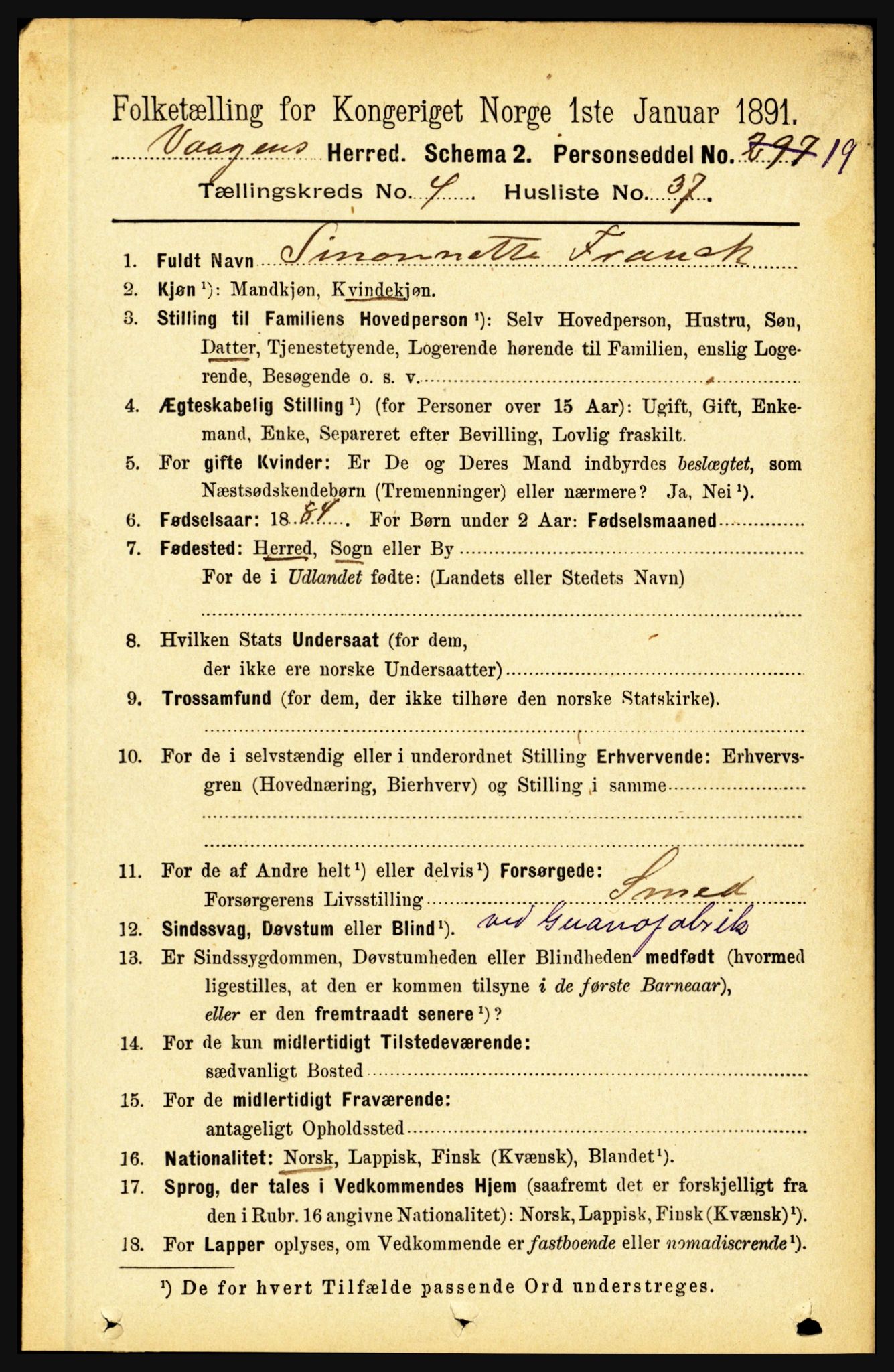 RA, 1891 census for 1865 Vågan, 1891, p. 1237