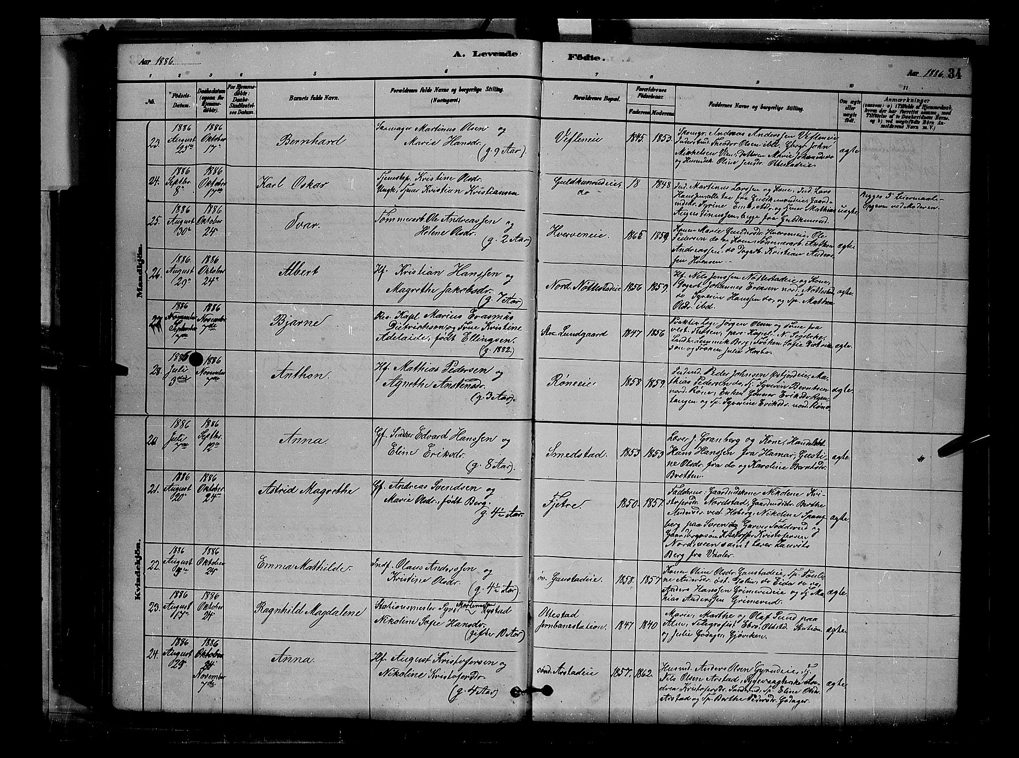 Stange prestekontor, AV/SAH-PREST-002/L/L0007: Parish register (copy) no. 7, 1880-1893, p. 34