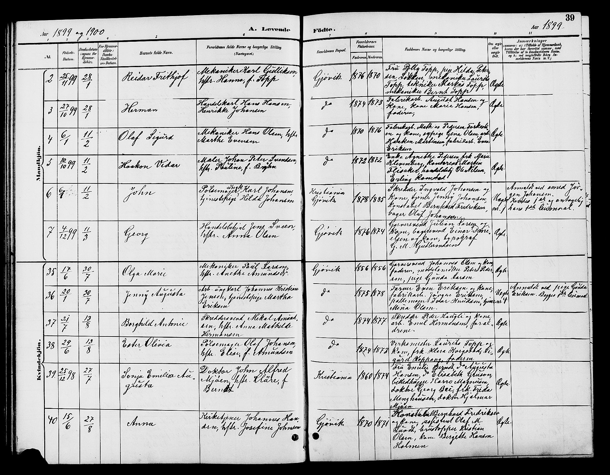 Vardal prestekontor, AV/SAH-PREST-100/H/Ha/Hab/L0009: Parish register (copy) no. 9, 1894-1902, p. 39