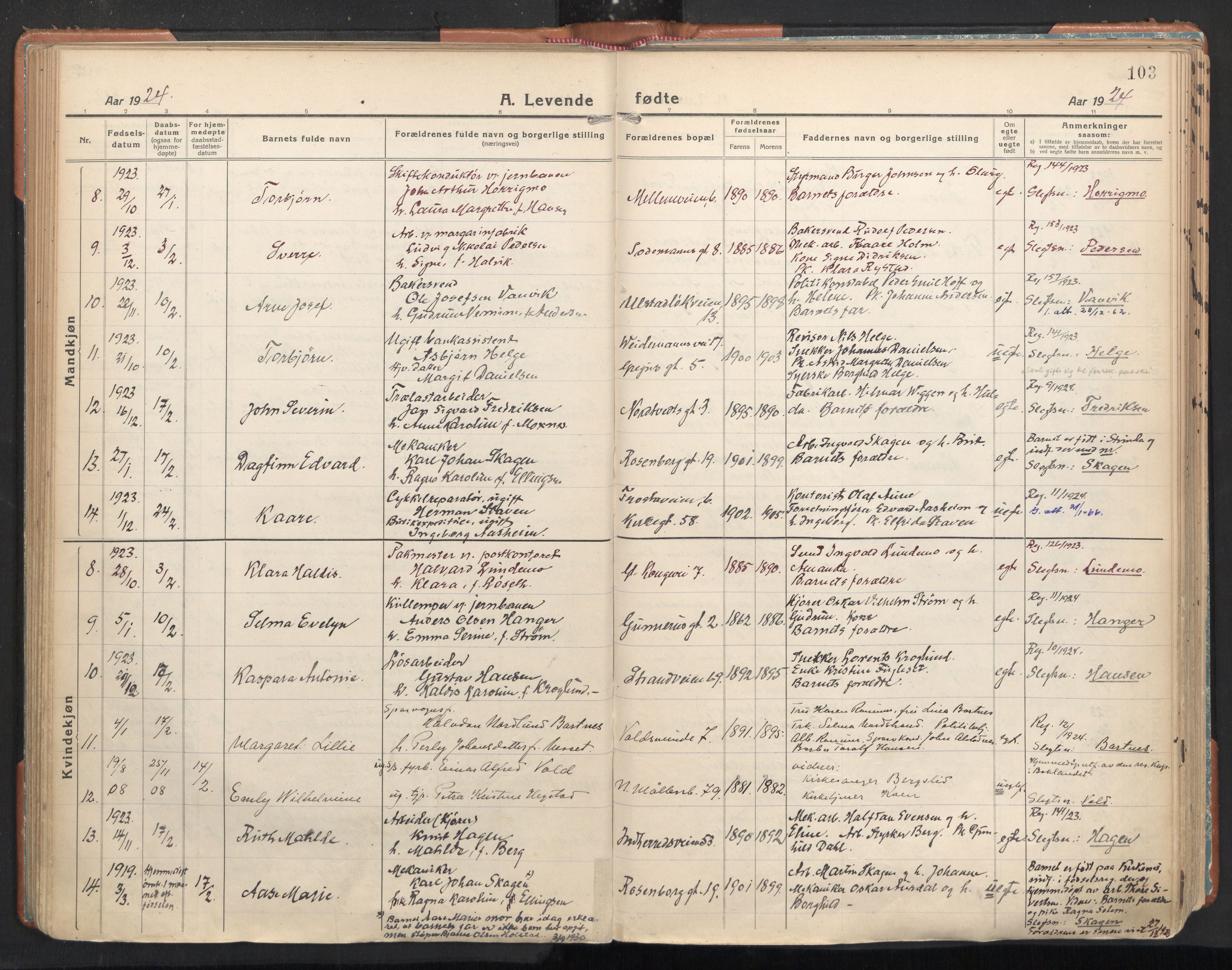 Ministerialprotokoller, klokkerbøker og fødselsregistre - Sør-Trøndelag, SAT/A-1456/605/L0248: Parish register (official) no. 605A10, 1920-1937, p. 103