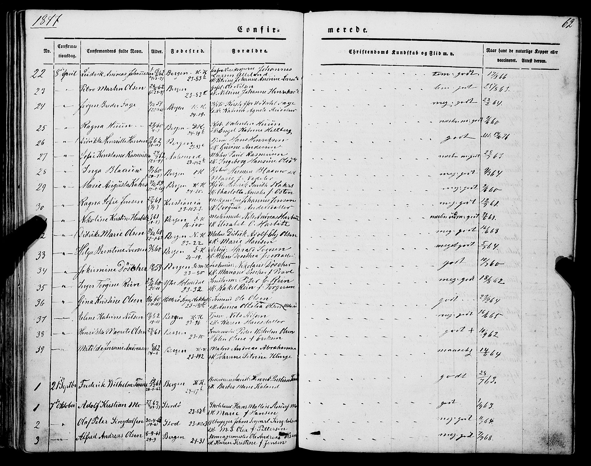 Mariakirken Sokneprestembete, AV/SAB-A-76901/H/Haa/L0006: Parish register (official) no. A 6, 1846-1877, p. 62