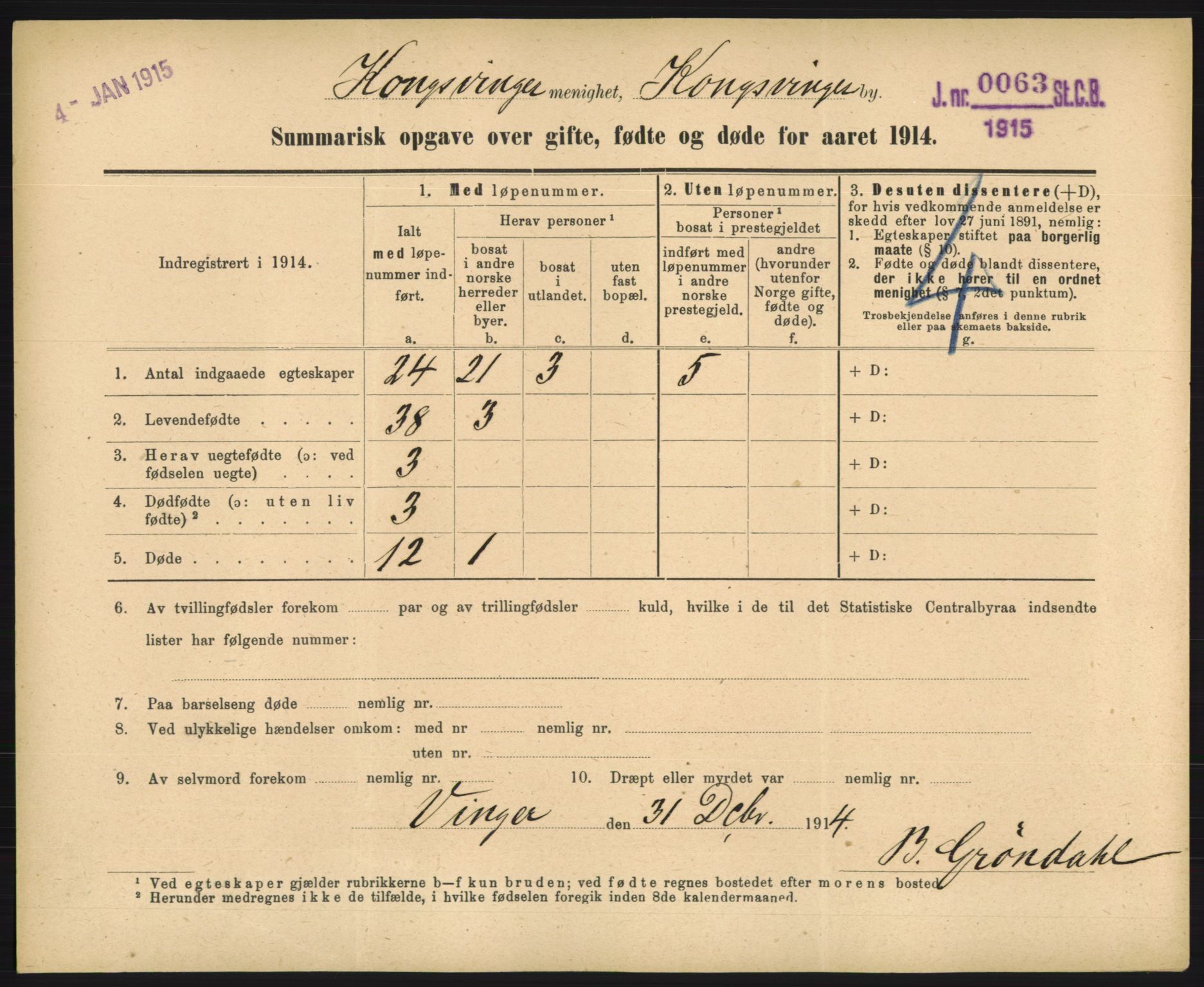 Statistisk sentralbyrå, Sosiodemografiske emner, Befolkning, RA/S-2228/D/Df/Dfb/Dfbd/L0049: Summariske oppgaver over gifte, døde og fødte for hele landet., 1914, p. 269