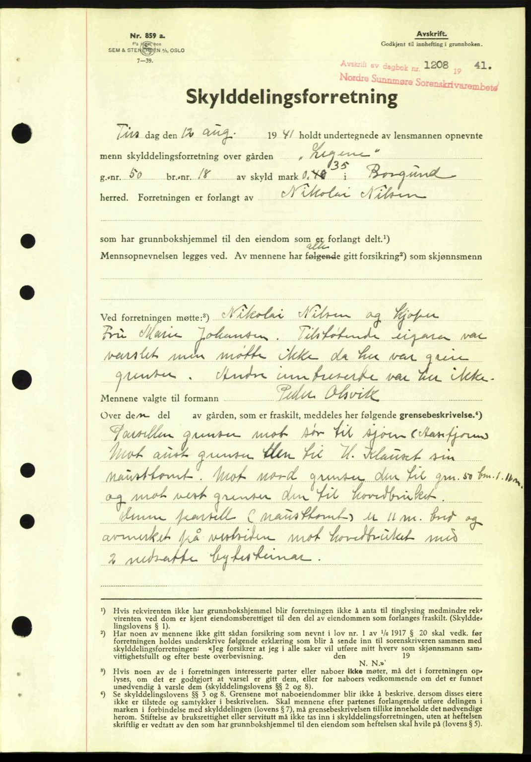 Nordre Sunnmøre sorenskriveri, SAT/A-0006/1/2/2C/2Ca: Mortgage book no. A11, 1941-1941, Diary no: : 1208/1941