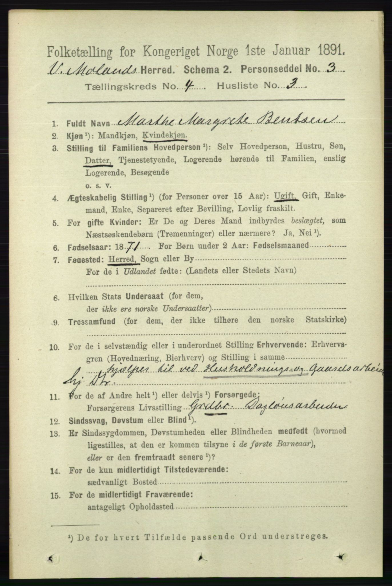 RA, 1891 census for 0926 Vestre Moland, 1891, p. 1240