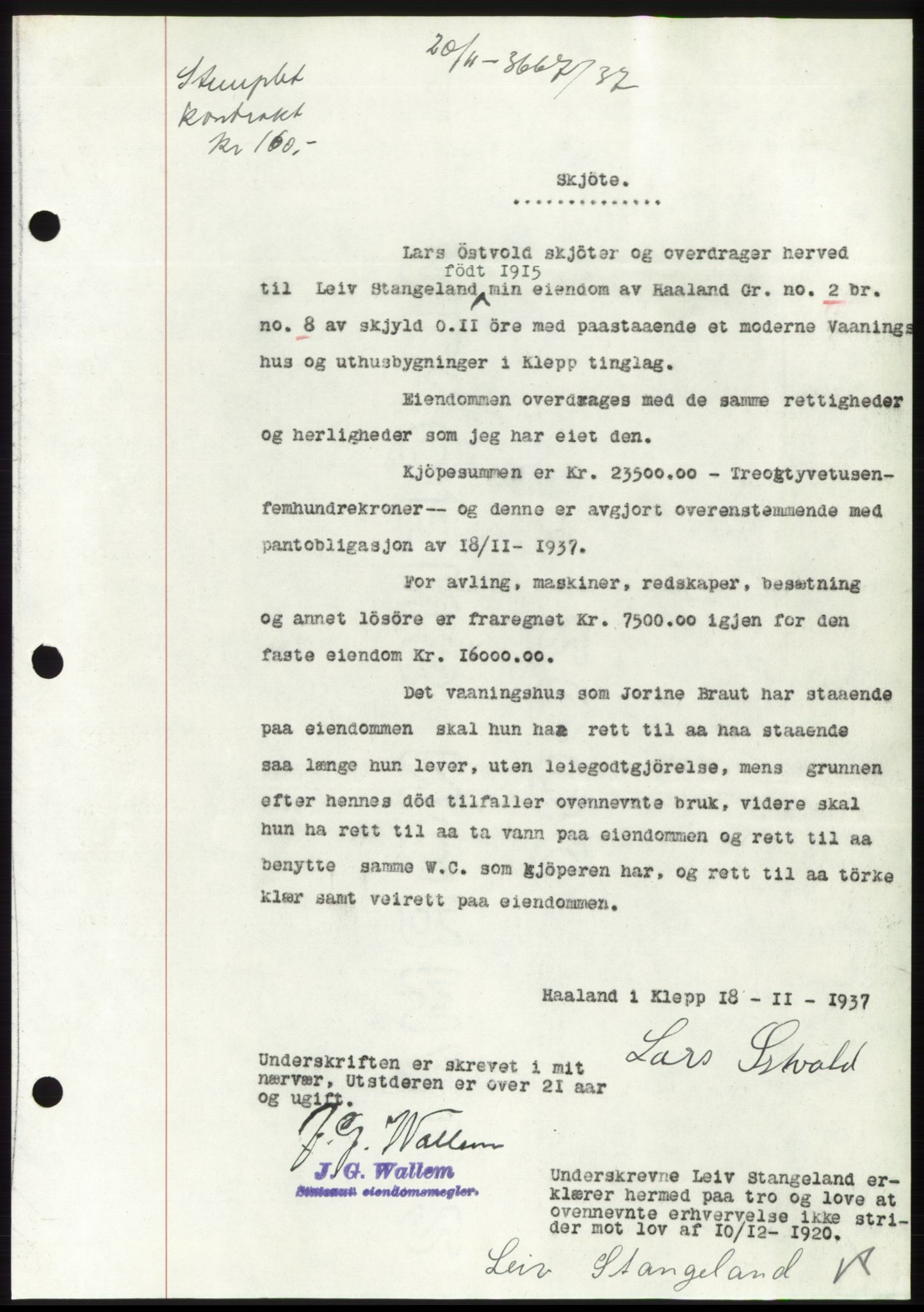Jæren sorenskriveri, SAST/A-100310/03/G/Gba/L0069: Mortgage book, 1937-1937, Diary no: : 3667/1937
