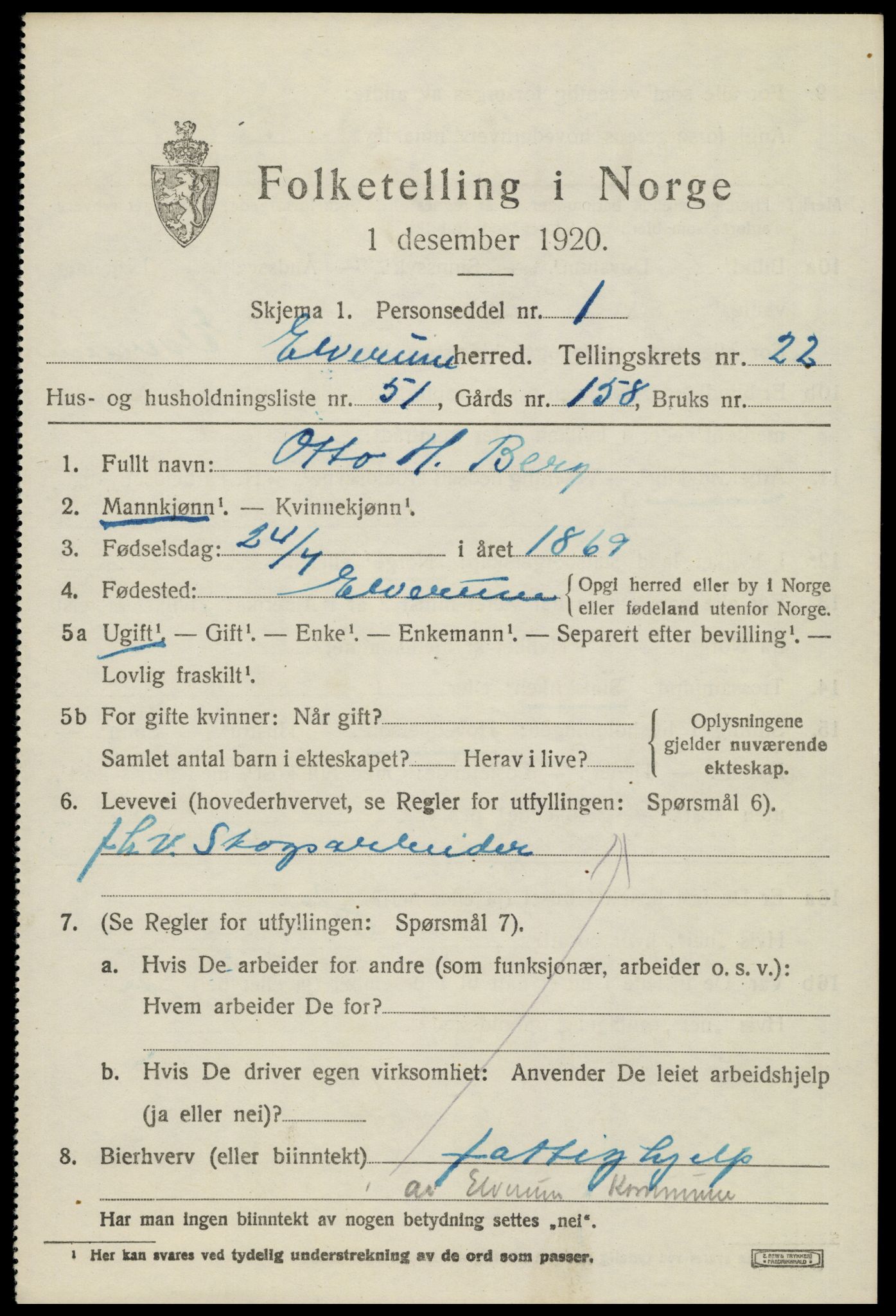 SAH, 1920 census for Elverum, 1920, p. 25166