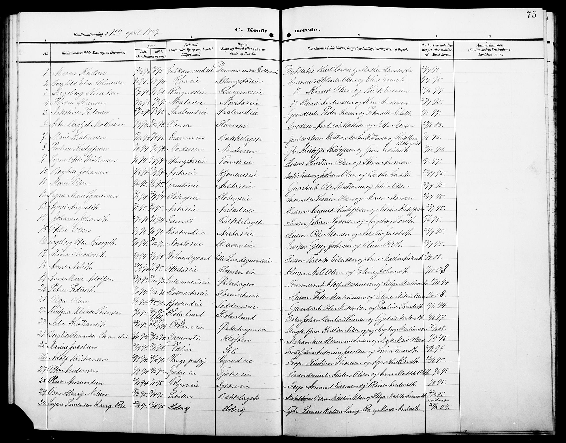 Stange prestekontor, SAH/PREST-002/L/L0013: Parish register (copy) no. 13, 1906-1915, p. 75