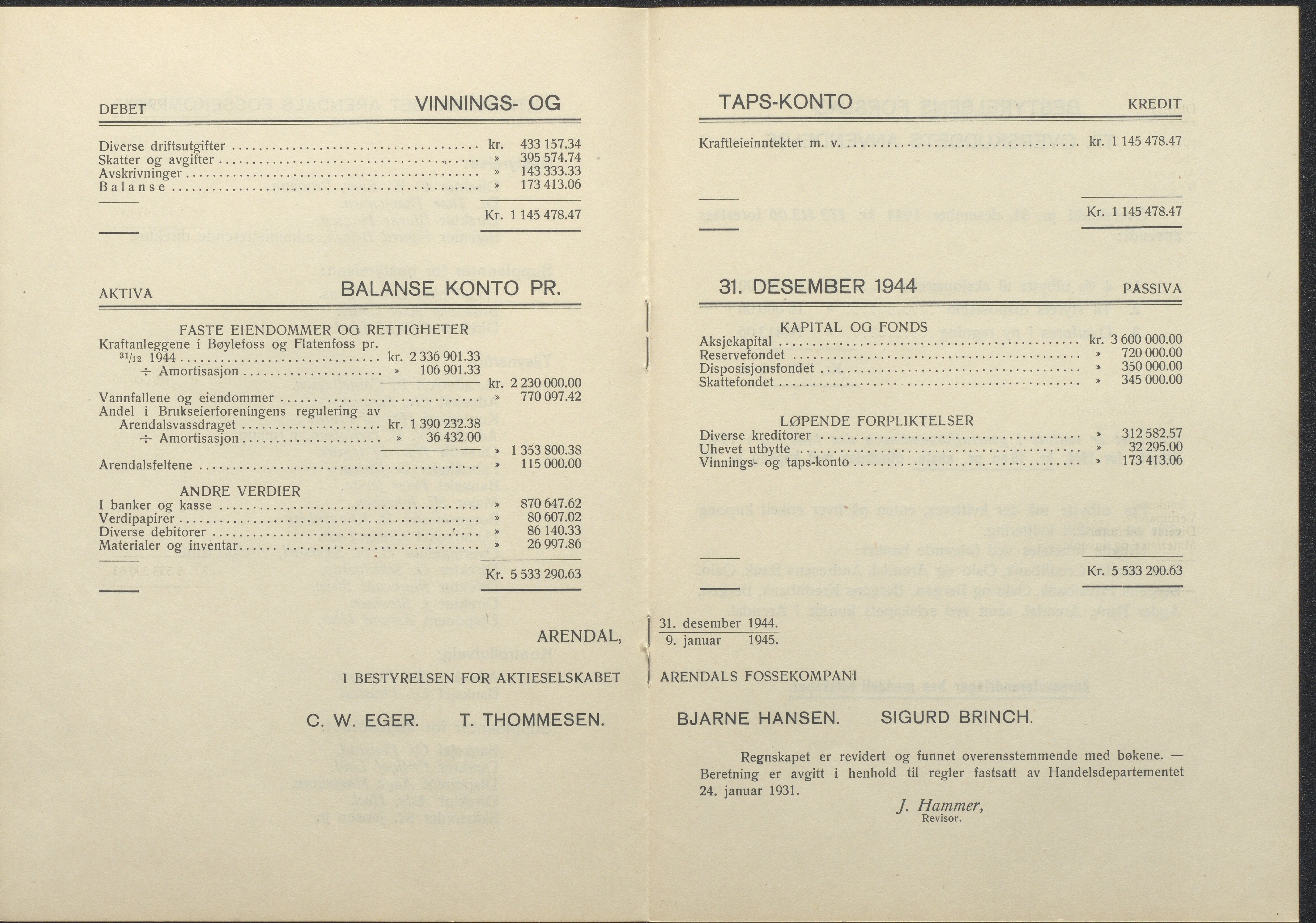 Arendals Fossekompani, AAKS/PA-2413/X/X01/L0001/0011: Beretninger, regnskap, balansekonto, gevinst- og tapskonto / Regnskap 1943 - 1944, 1943-1944