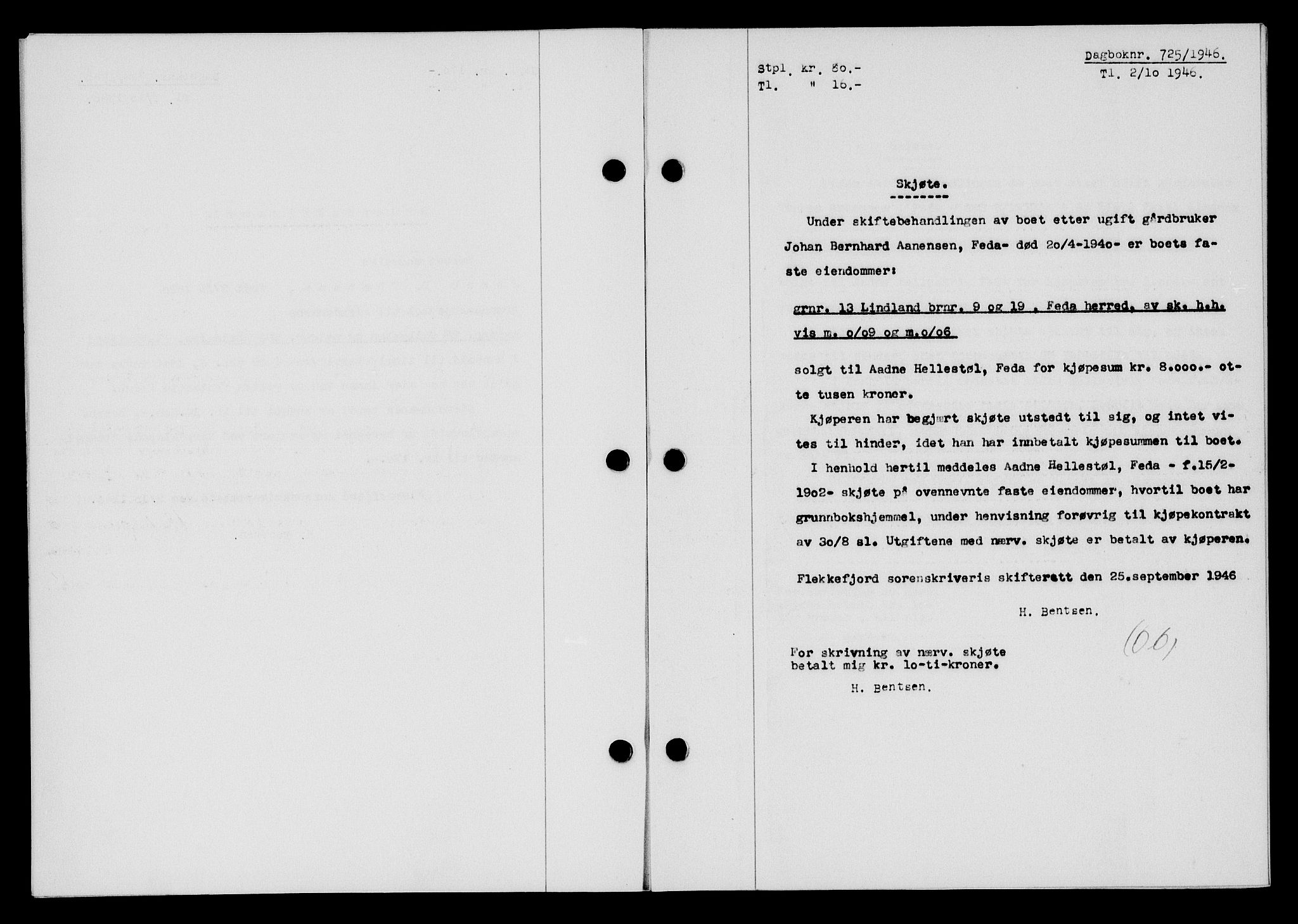 Flekkefjord sorenskriveri, AV/SAK-1221-0001/G/Gb/Gba/L0061: Mortgage book no. A-9, 1946-1947, Diary no: : 725/1946