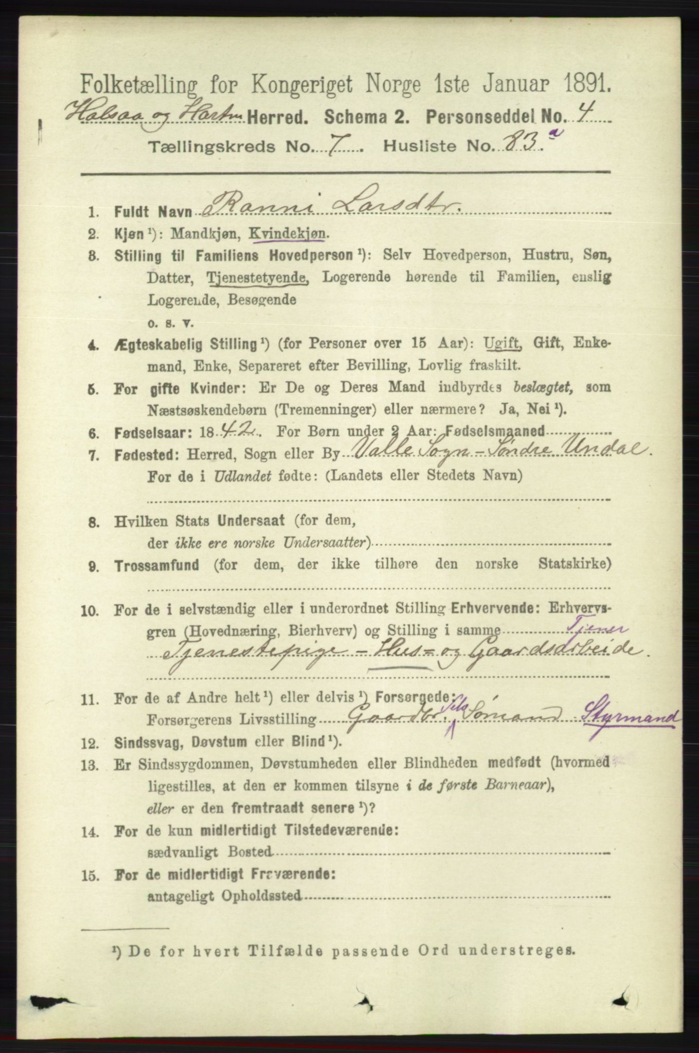 RA, 1891 census for 1019 Halse og Harkmark, 1891, p. 3187