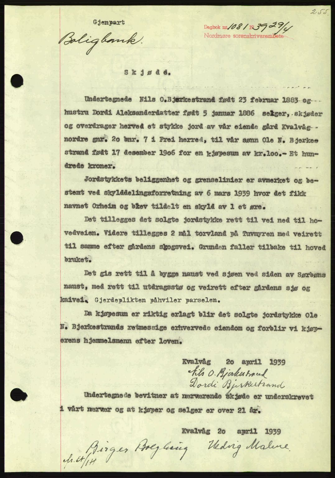 Nordmøre sorenskriveri, SAT/A-4132/1/2/2Ca: Mortgage book no. A86, 1939-1939, Diary no: : 1081/1939
