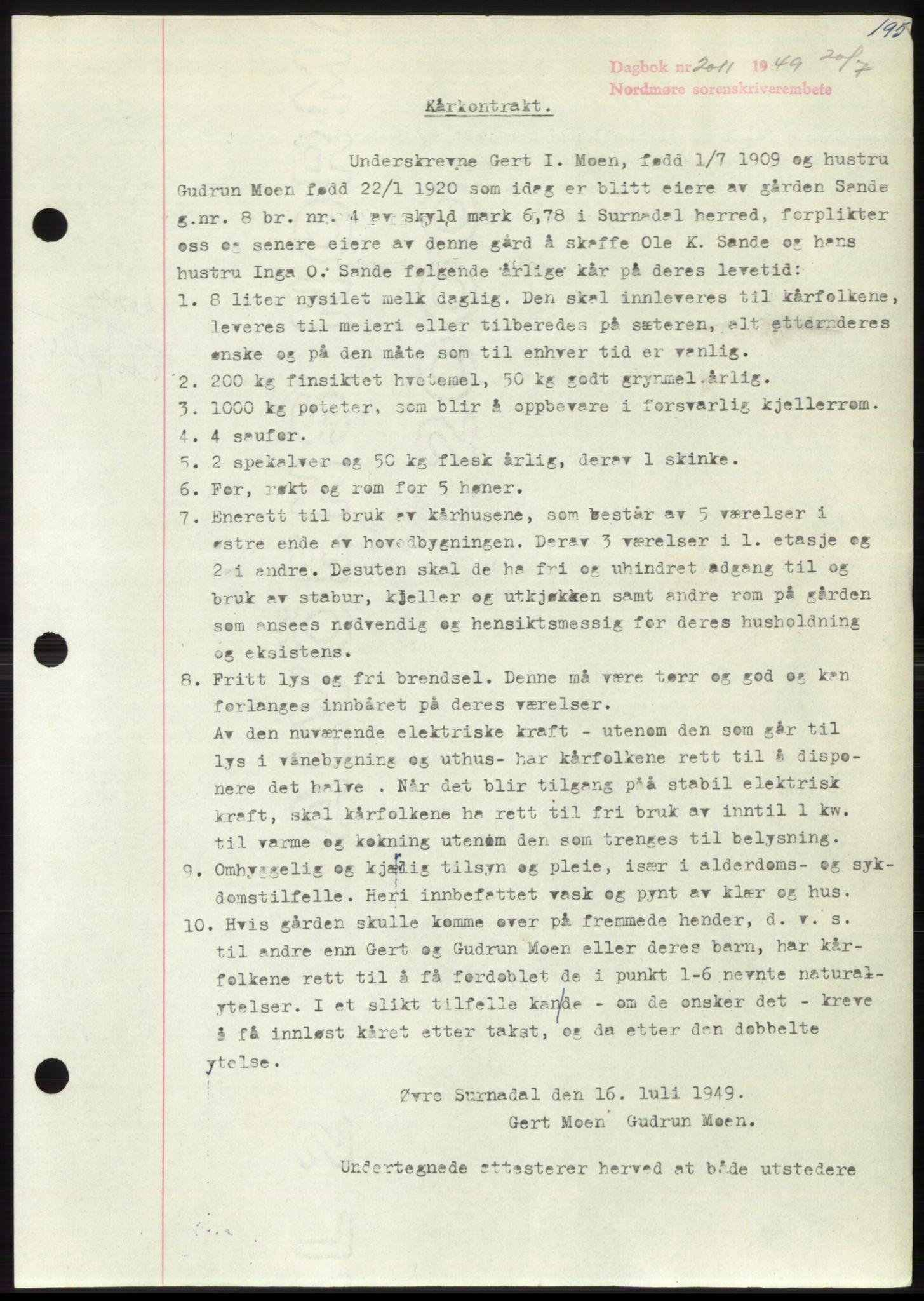 Nordmøre sorenskriveri, AV/SAT-A-4132/1/2/2Ca: Mortgage book no. B102, 1949-1949, Diary no: : 2011/1949