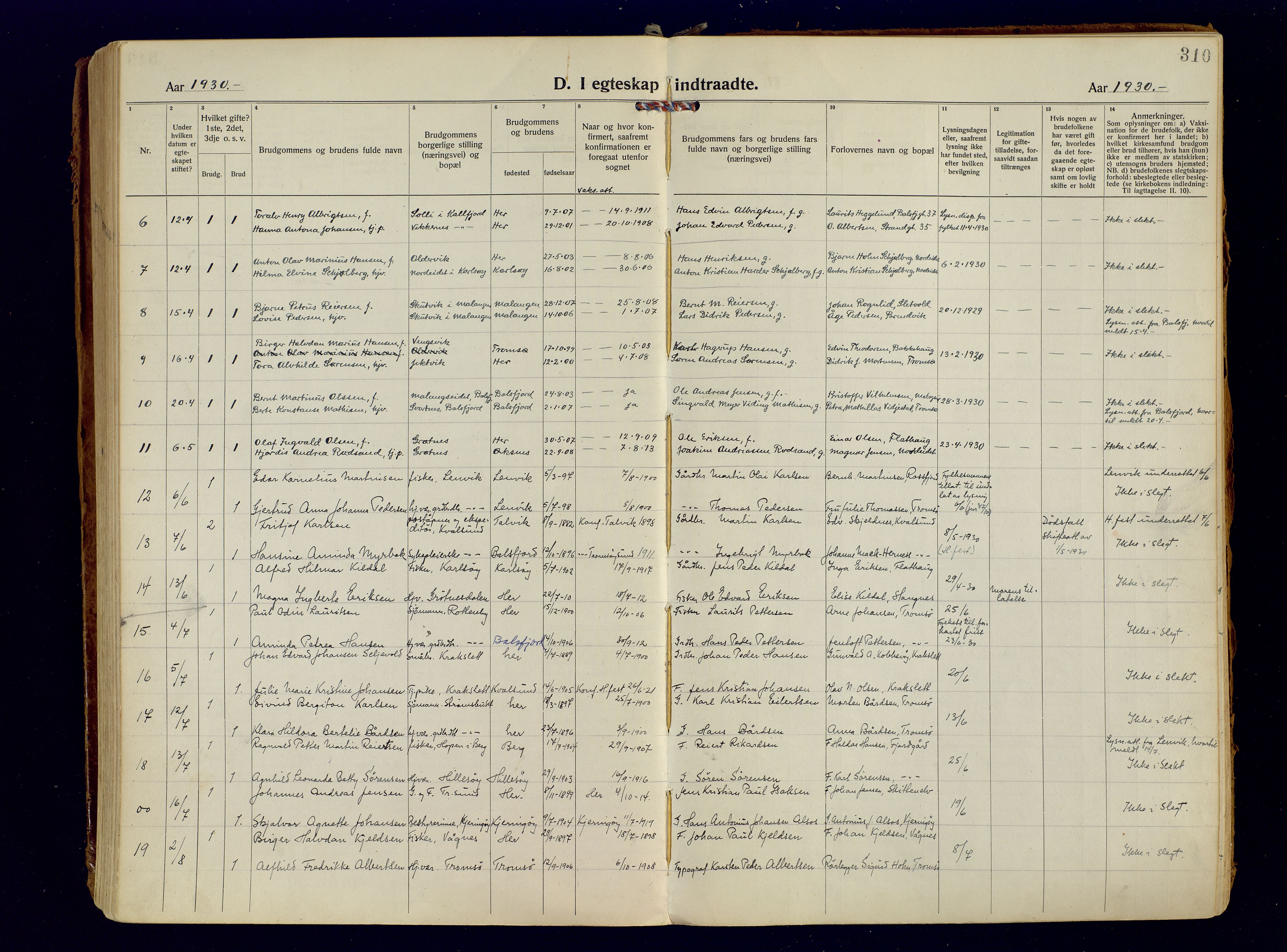 Tromsøysund sokneprestkontor, AV/SATØ-S-1304/G/Ga/L0009kirke: Parish register (official) no. 9, 1922-1934, p. 310