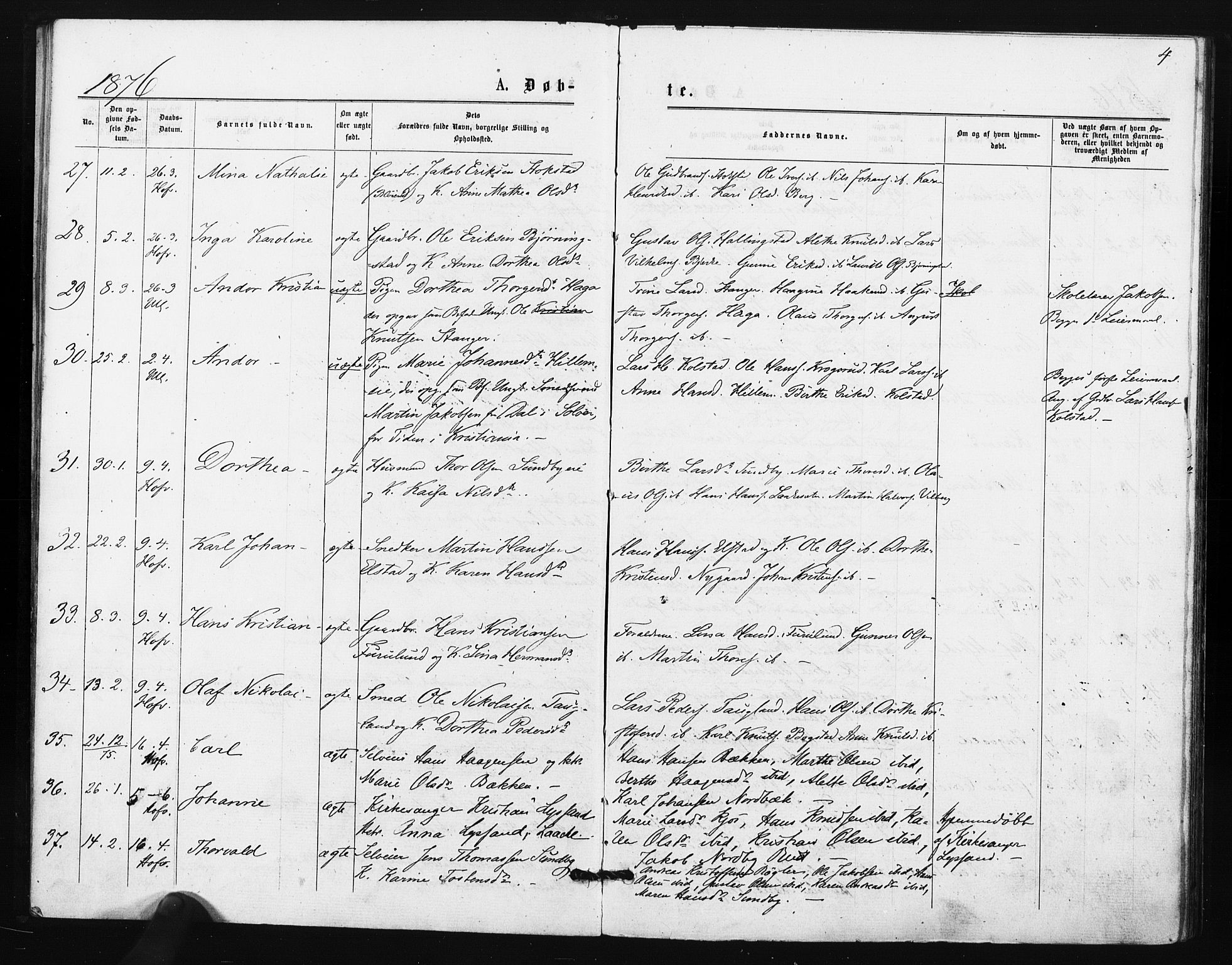 Ullensaker prestekontor Kirkebøker, AV/SAO-A-10236a/F/Fa/L0018: Parish register (official) no. I 18, 1876-1877, p. 4