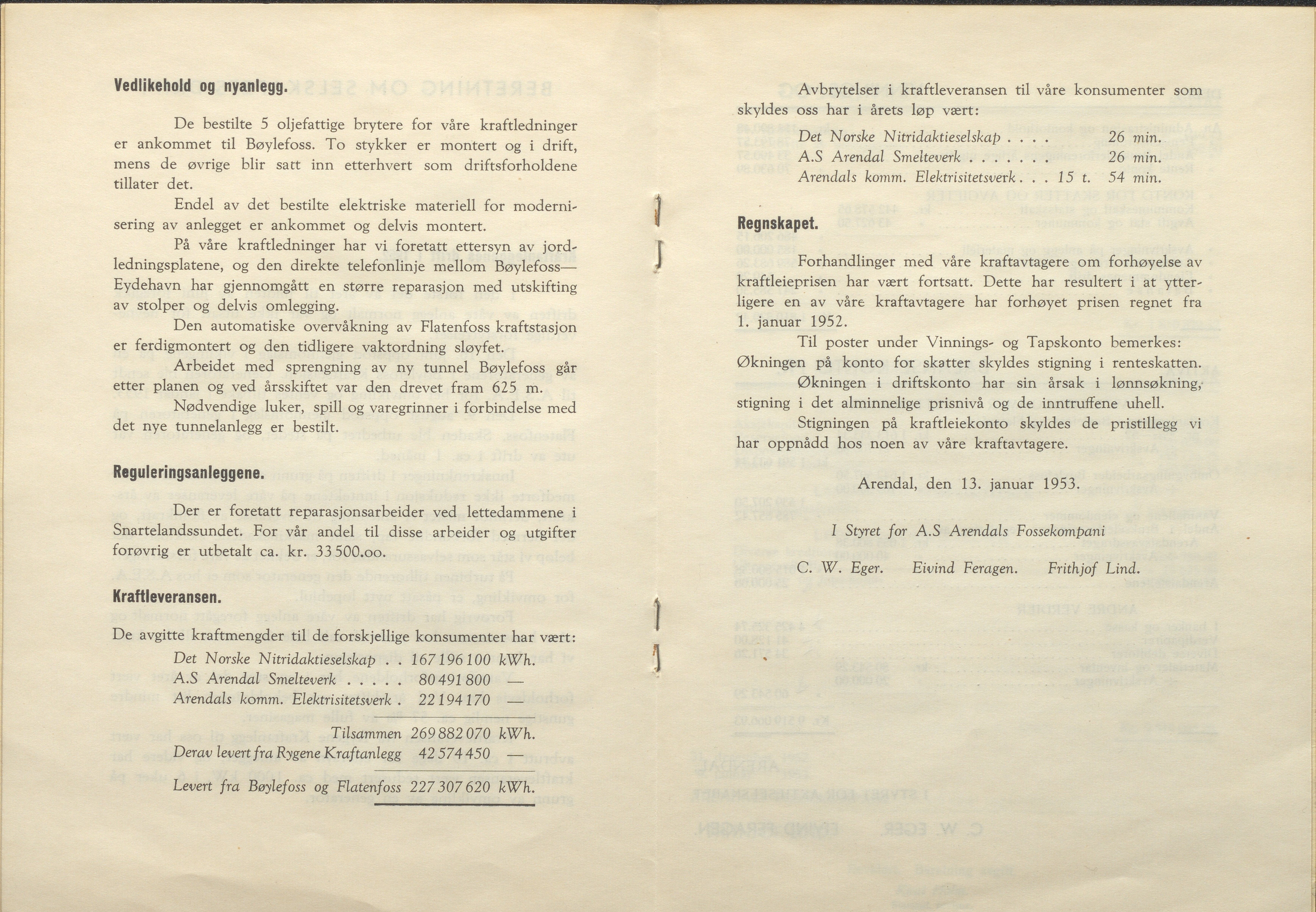 Arendals Fossekompani, AAKS/PA-2413/X/X01/L0001/0012: Beretninger, regnskap, balansekonto, gevinst- og tapskonto / Beretning, regnskap 1945 - 1962, 1945-1962, p. 46