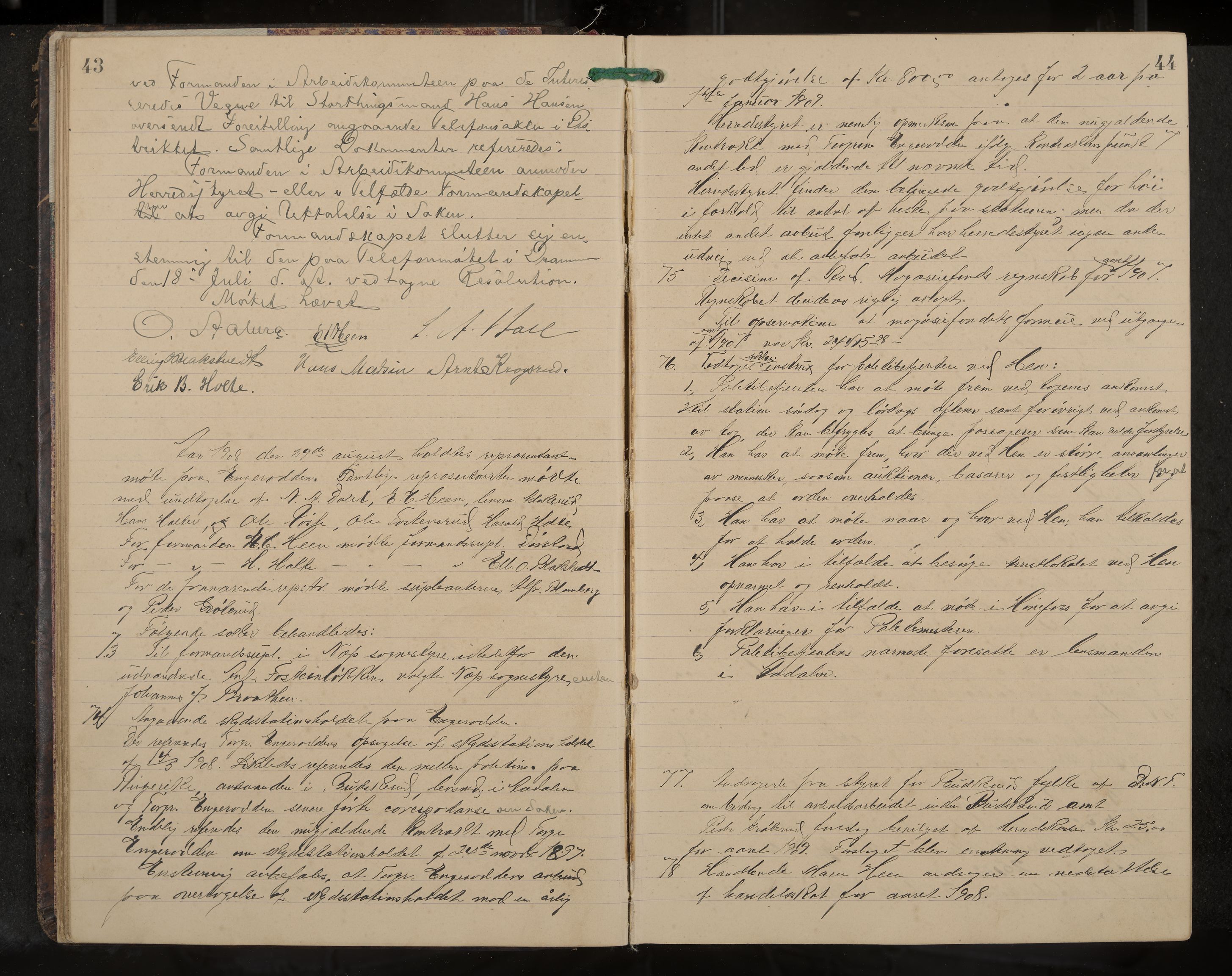 Ådal formannskap og sentraladministrasjon, IKAK/0614021/A/Aa/L0003: Møtebok, 1907-1914, p. 43-44